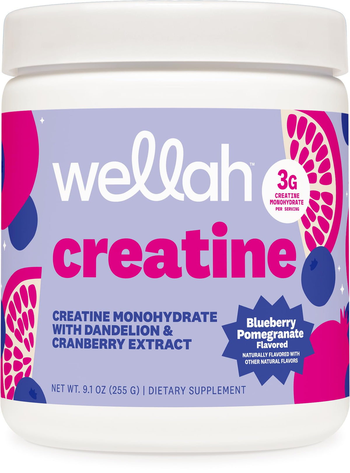 Wellah creatine frontal del envase que muestra sabor y 50 servicios, fácil identificación
