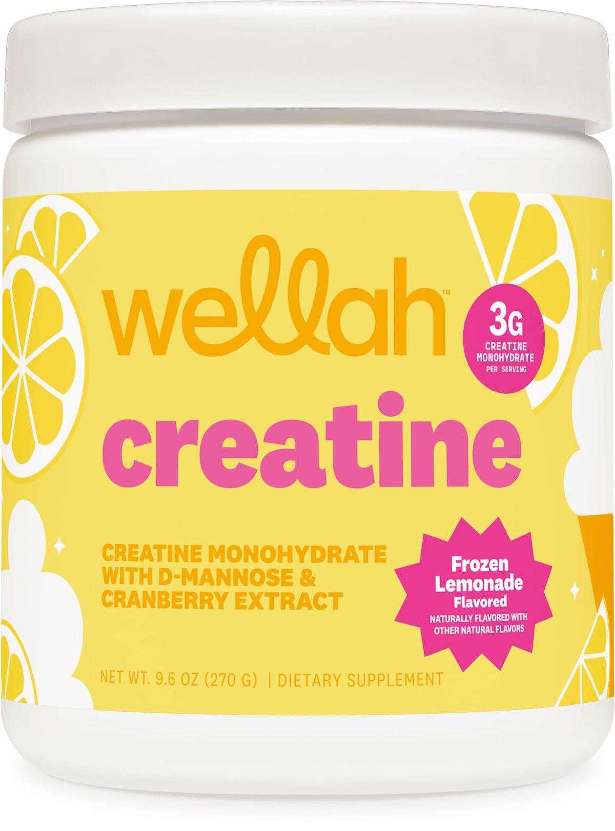 Wellah creatine frontal del envase mostrando 50 servicios y sabor Frozen Lemonade