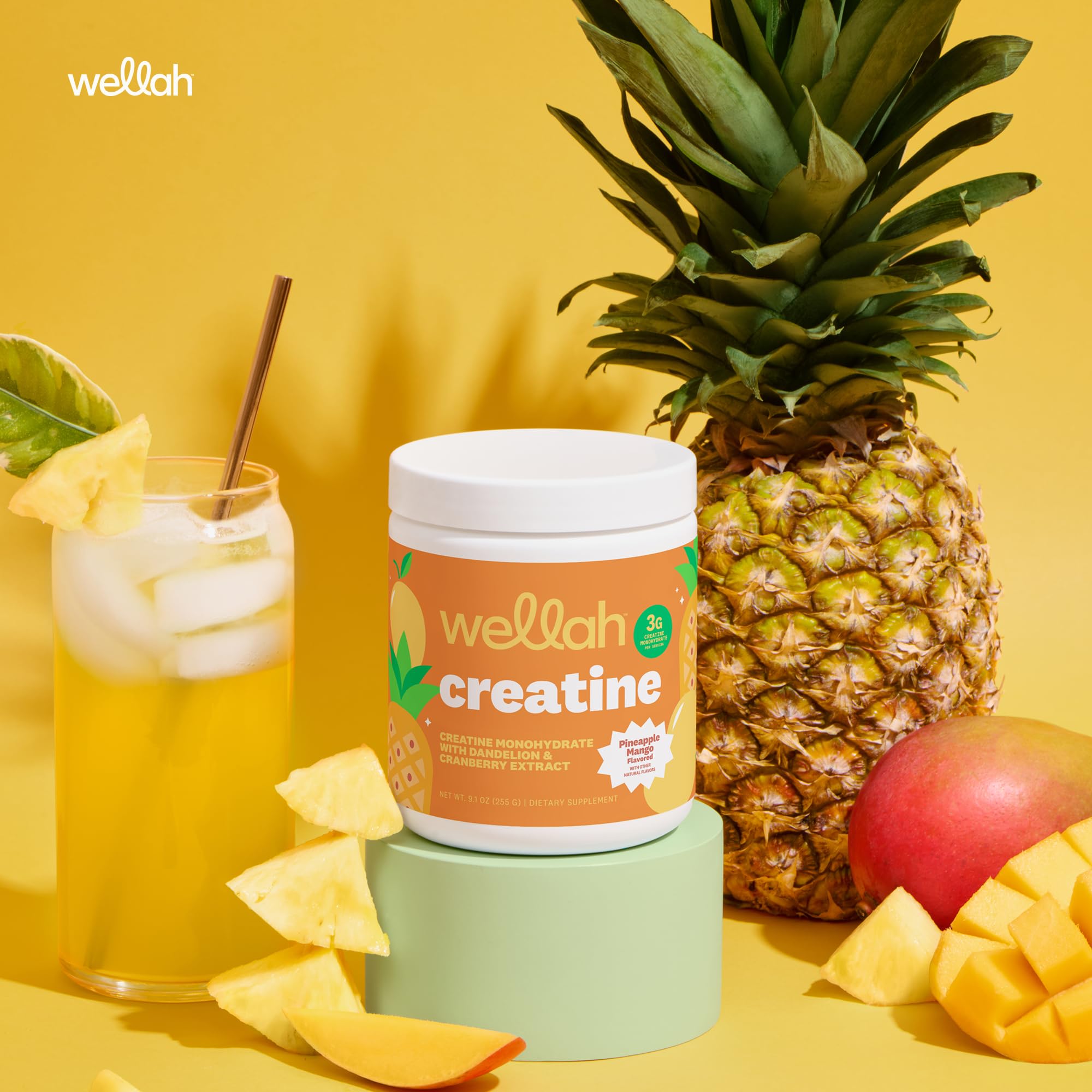 Wellah creatine ingredientes diente de león y arándano visibles, aporte botánico complementario