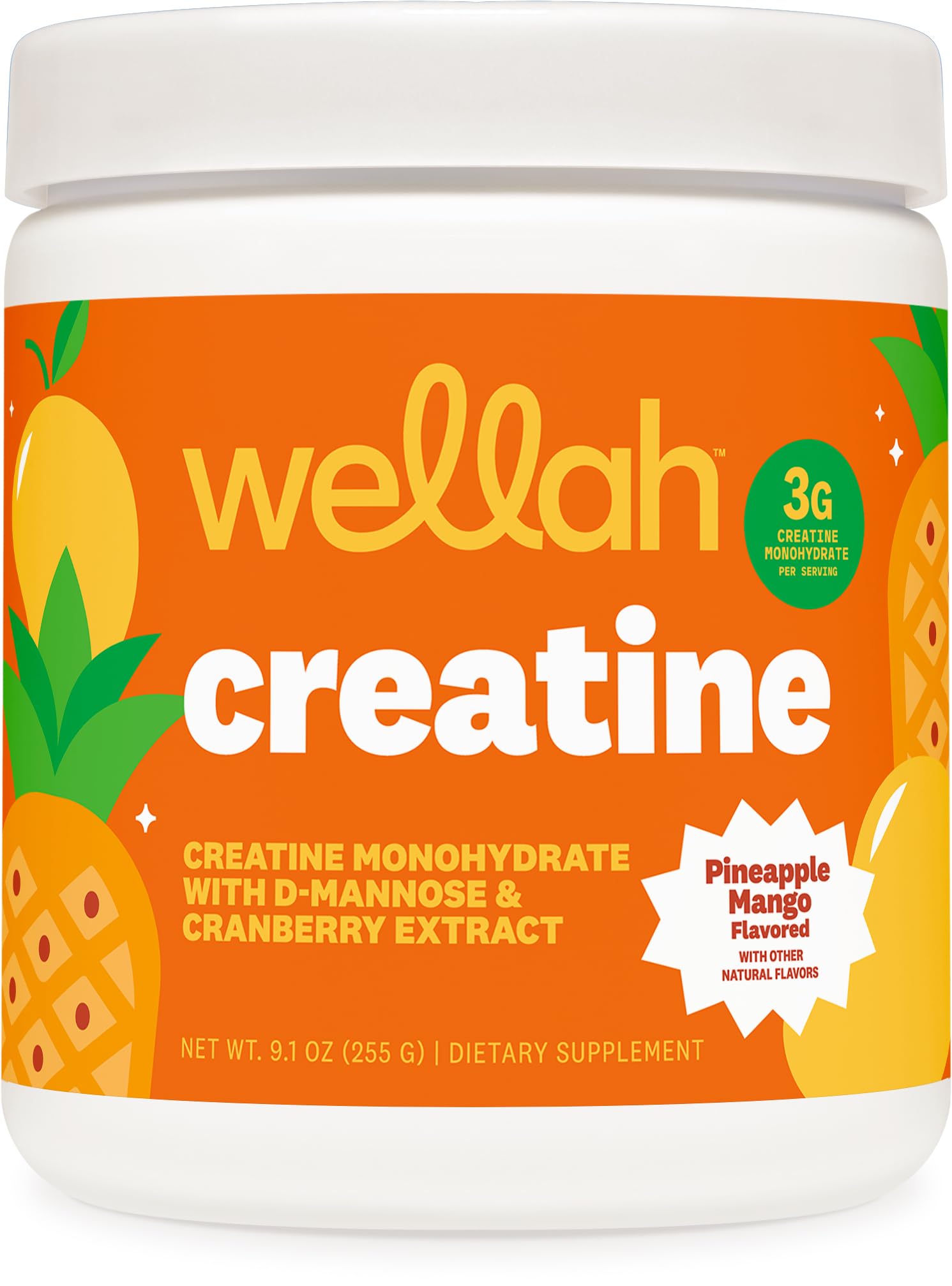Wellah creatine frente del envase mostrando etiqueta y 50 servicios, fácil identificación