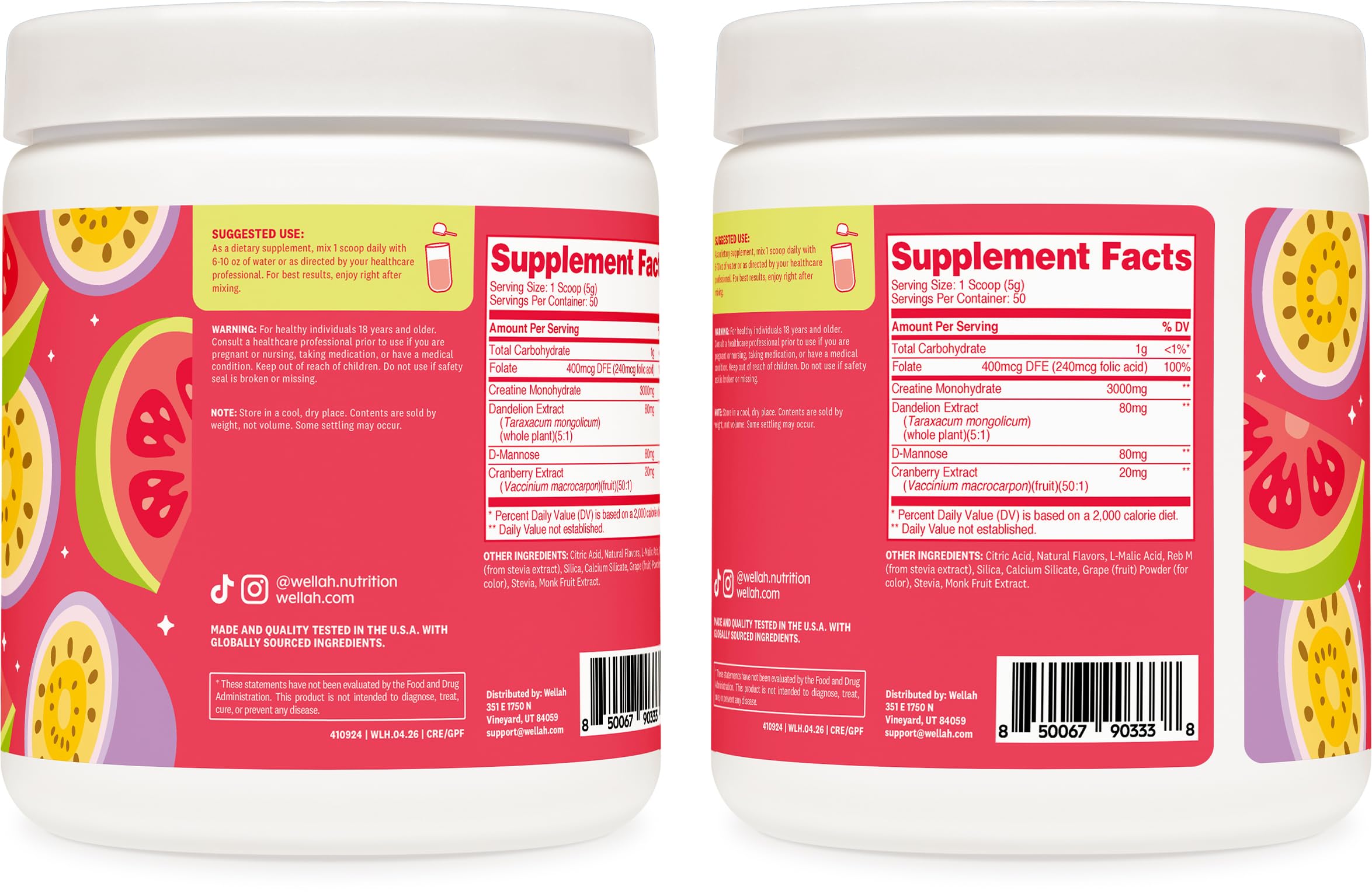 Wellah creatine scoop cargado con 3 g por porción listo para mezclar
