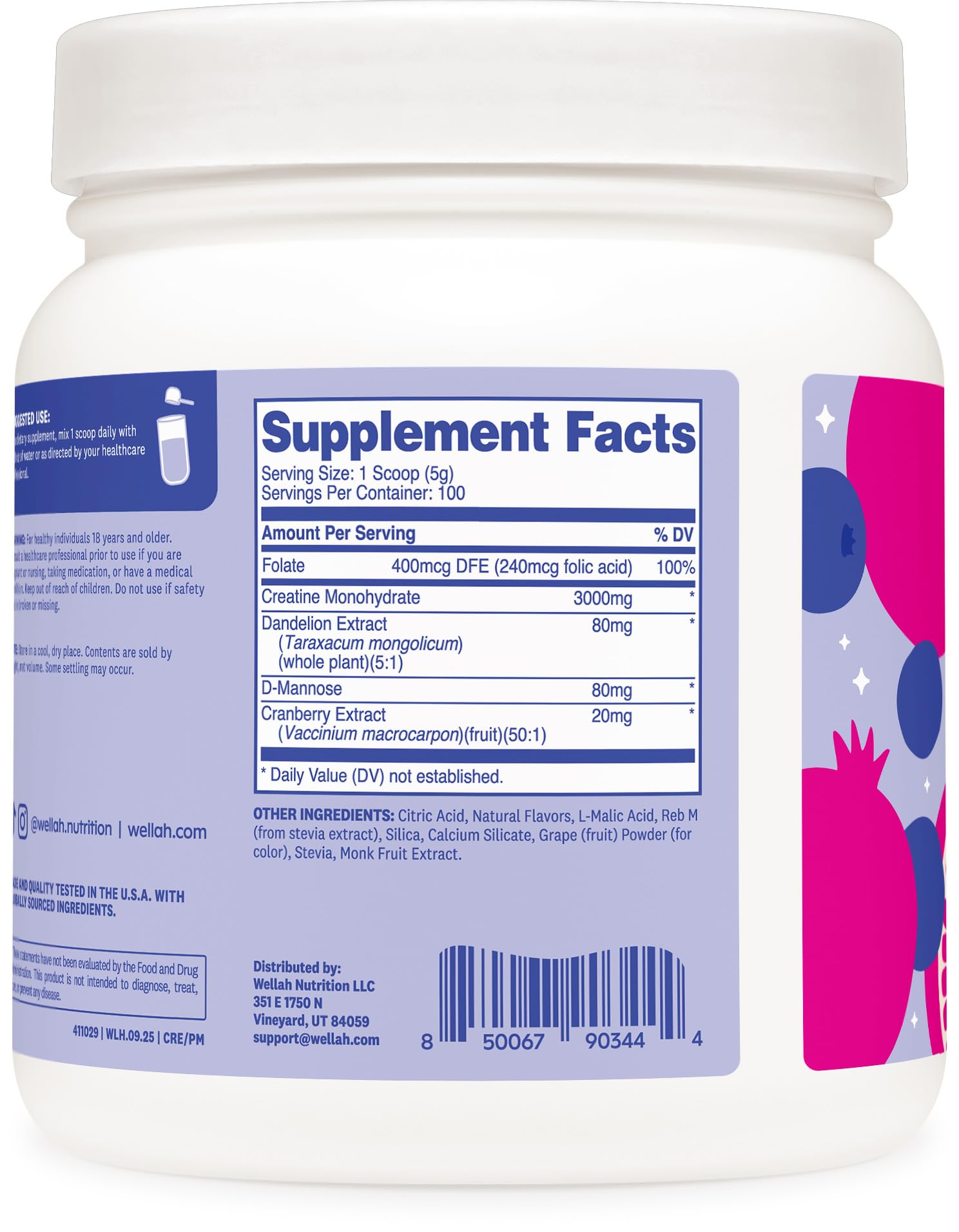 Wellah creatine comparación de tamaño del envase mostrando 100 servicios