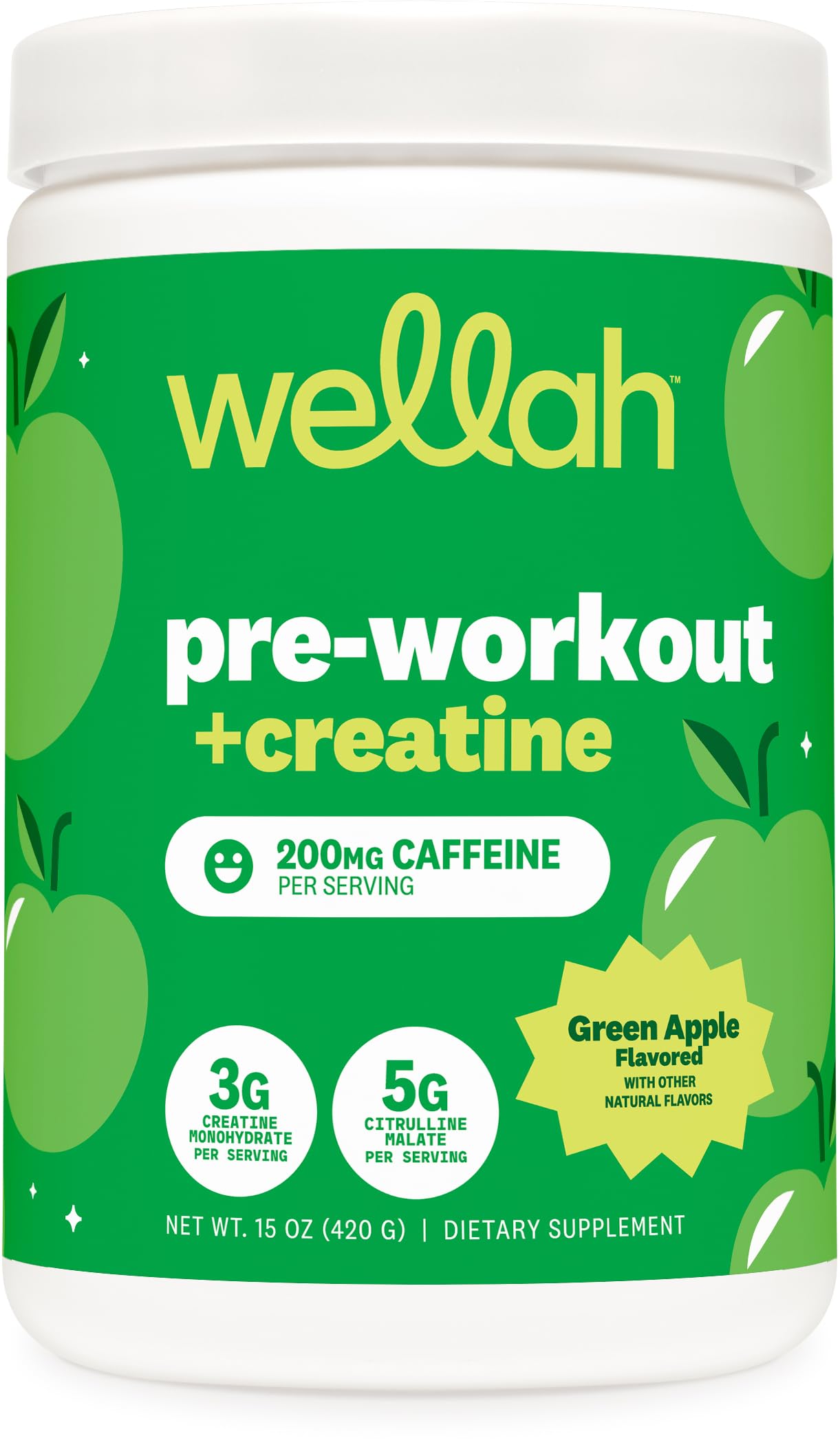 Wellah envase frontal manzana verde mostrando etiqueta y beneficio energético