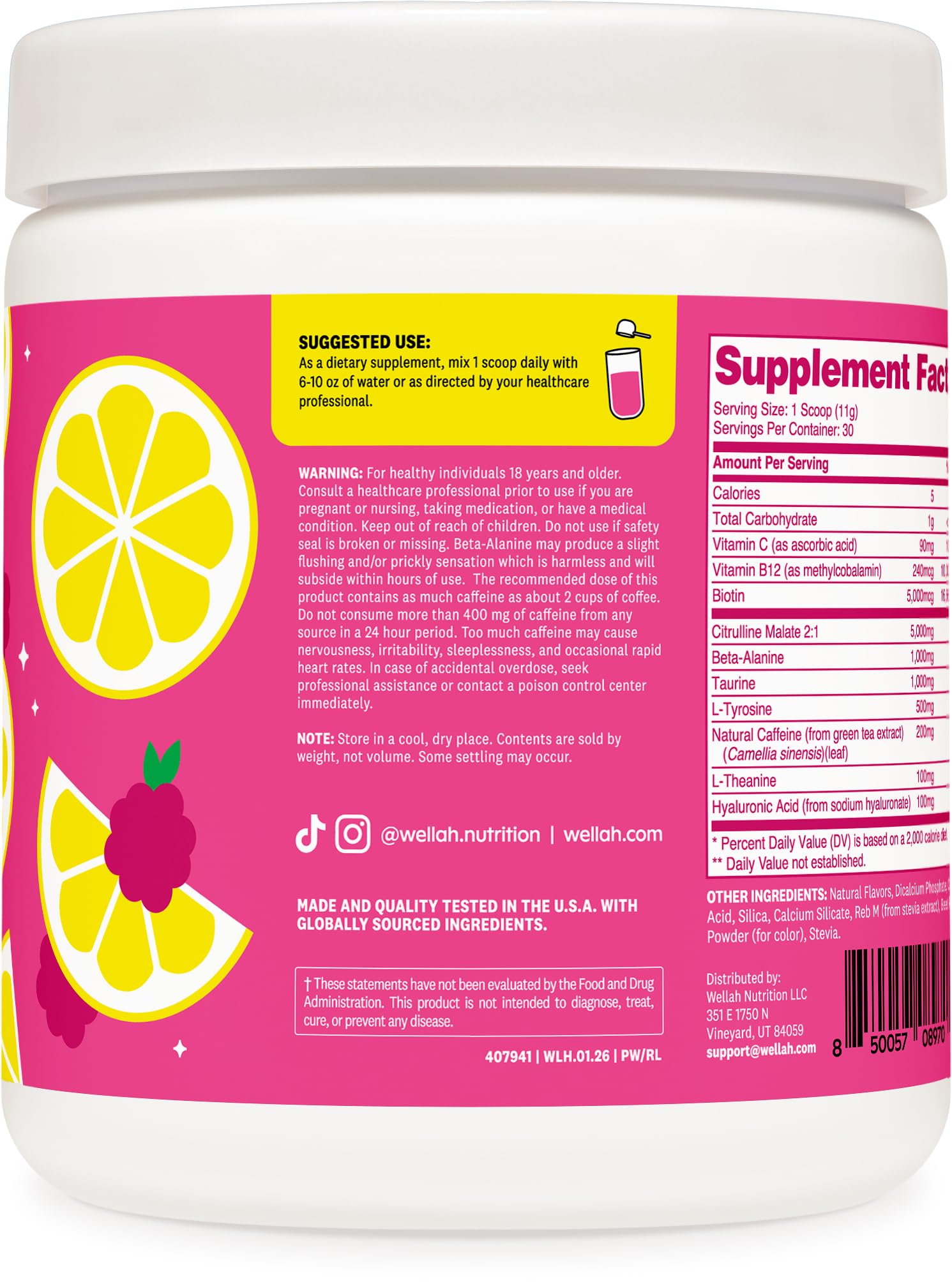 Wellah etiqueta nutricional legible con ingredientes y certificación NSF visible