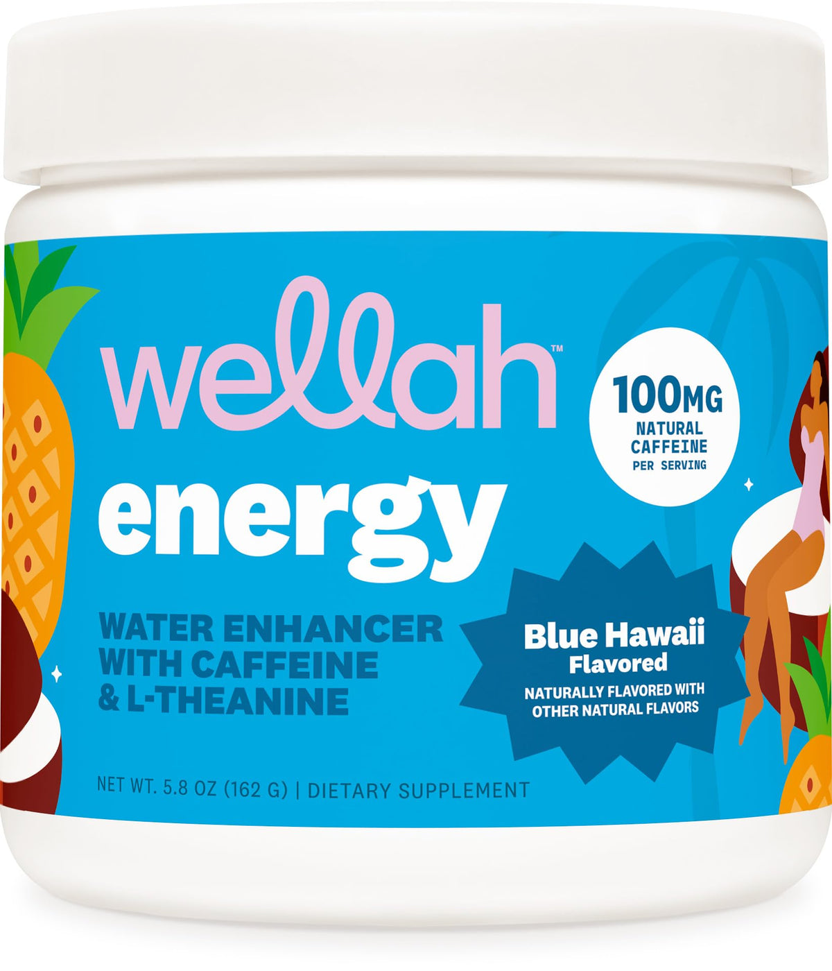 Wellah envase frontal Blue Hawaii mostrando porciones y beneficios