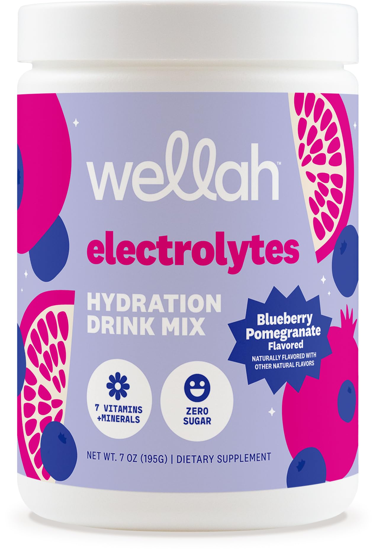 Wellah frente del envase mostrando 50 servicios y sabor blueberry pomegranate, conveniencia inmediata