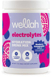Wellah frente del envase mostrando 50 servicios y sabor blueberry pomegranate, conveniencia inmediata