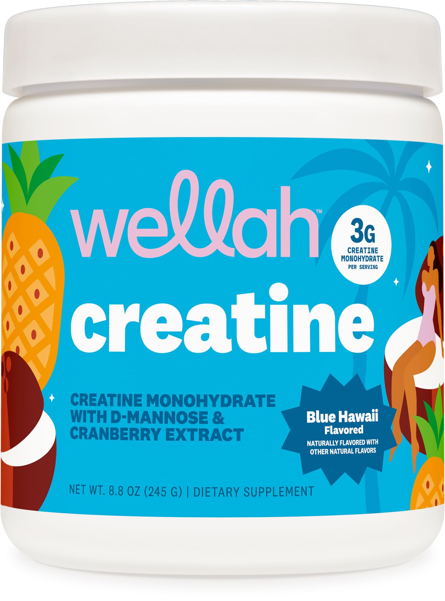 Wellah frente del envase mostrando 50 raciones y sabor Blue Hawaii, fácil de integrar