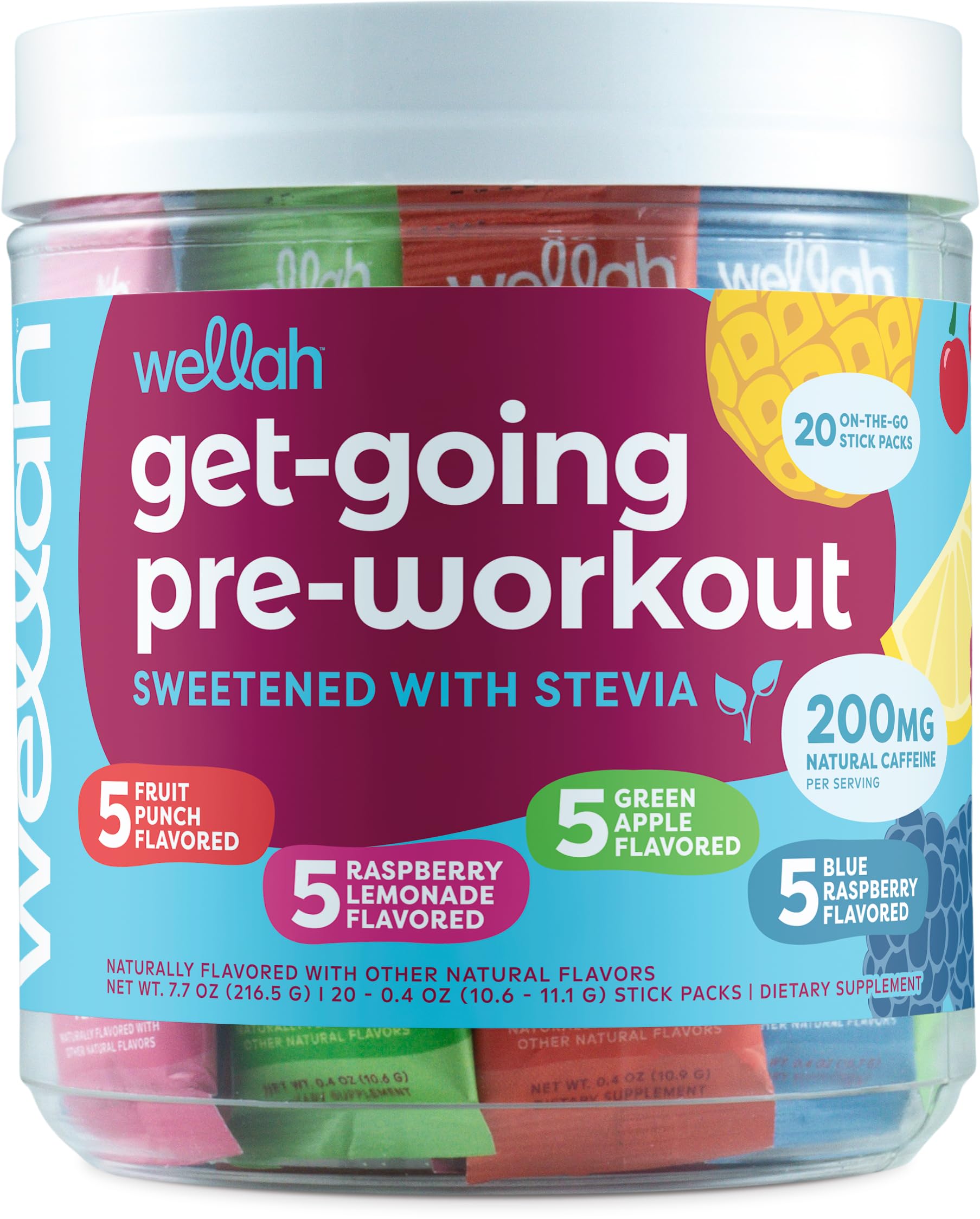Wellah pack frontal mostrando los 20 sobres y cuatro sabores, energía portátil