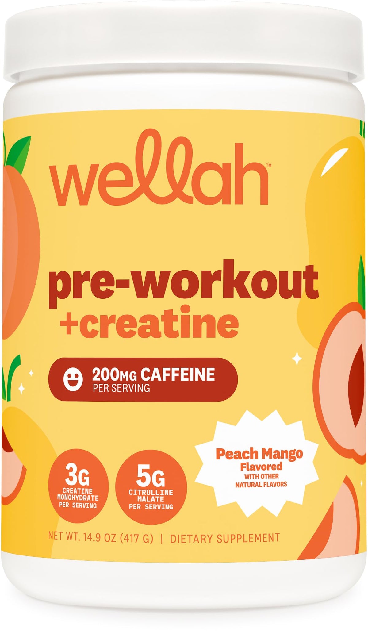 Wellah bote frontal mostrando etiqueta y sabor durazno mango, claridad del producto