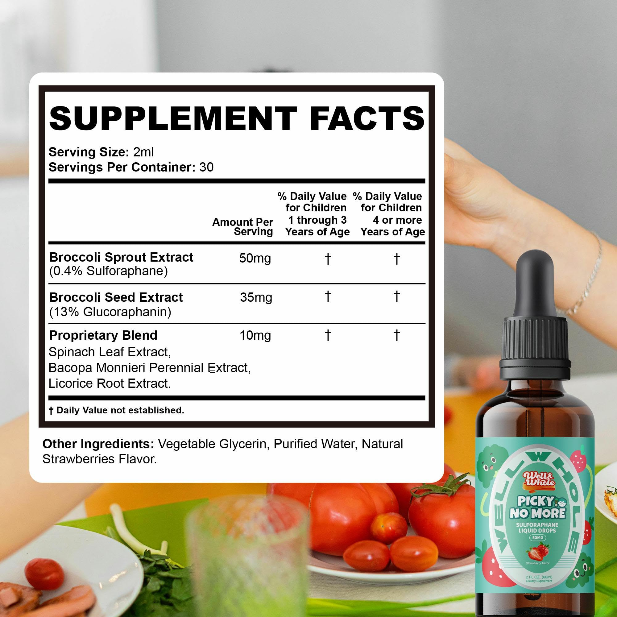 Well&Whole etiqueta con ingredientes clave y beneficios vegetales