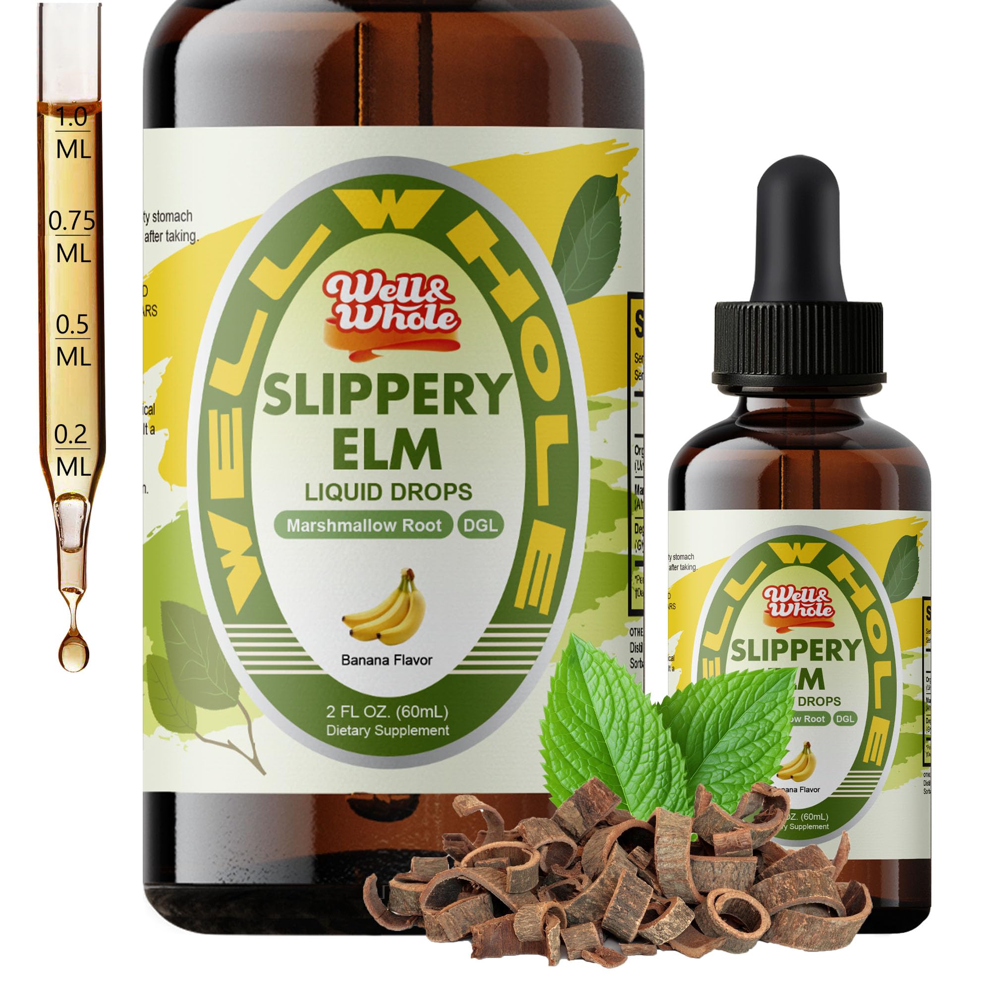 Well&Whole frasco delantero de Slippery Elm mostrando diseño y volumen 60 mL, fácil identificación