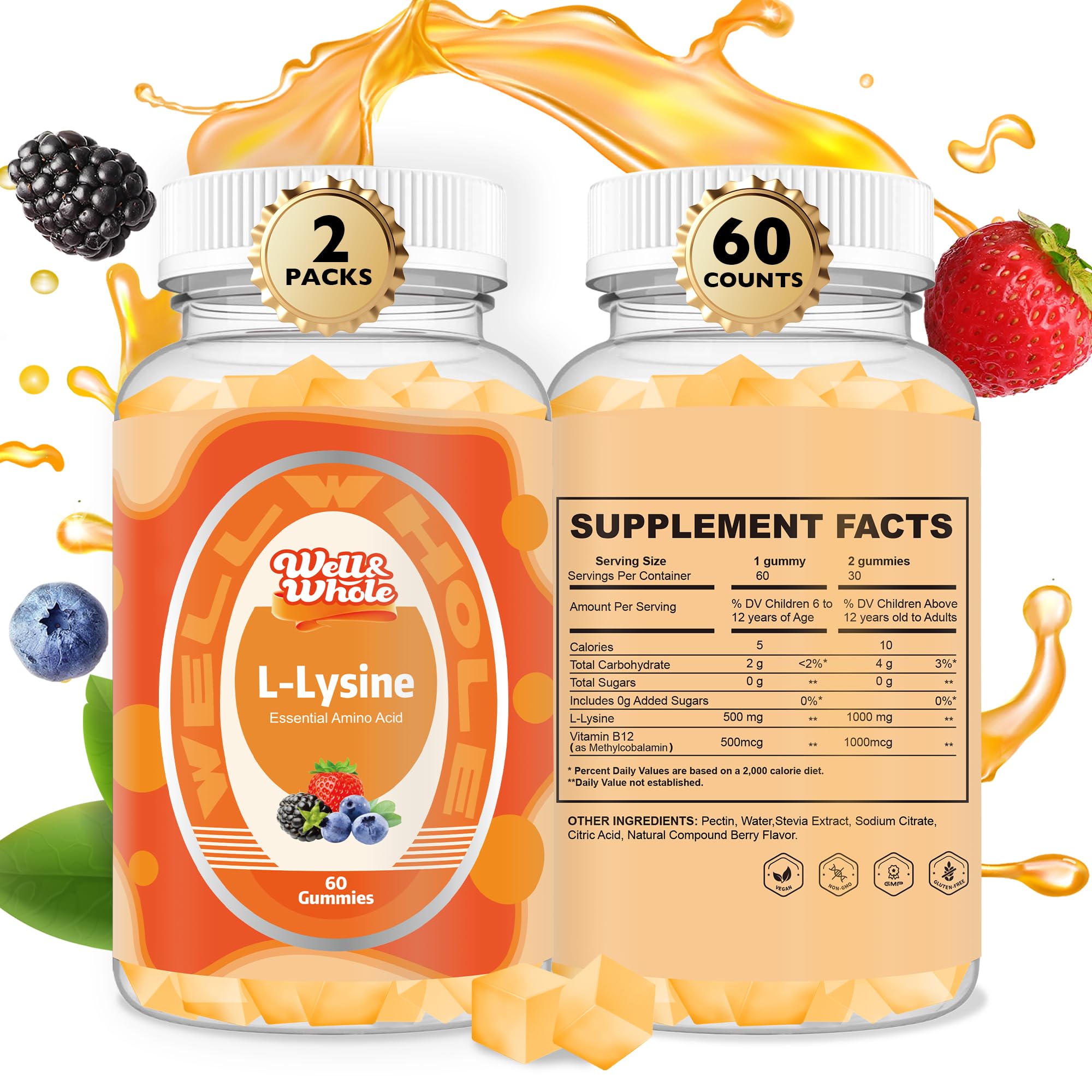 Well&Whole frasco frontal de gomitas L-lisina, visual claro y atractivo