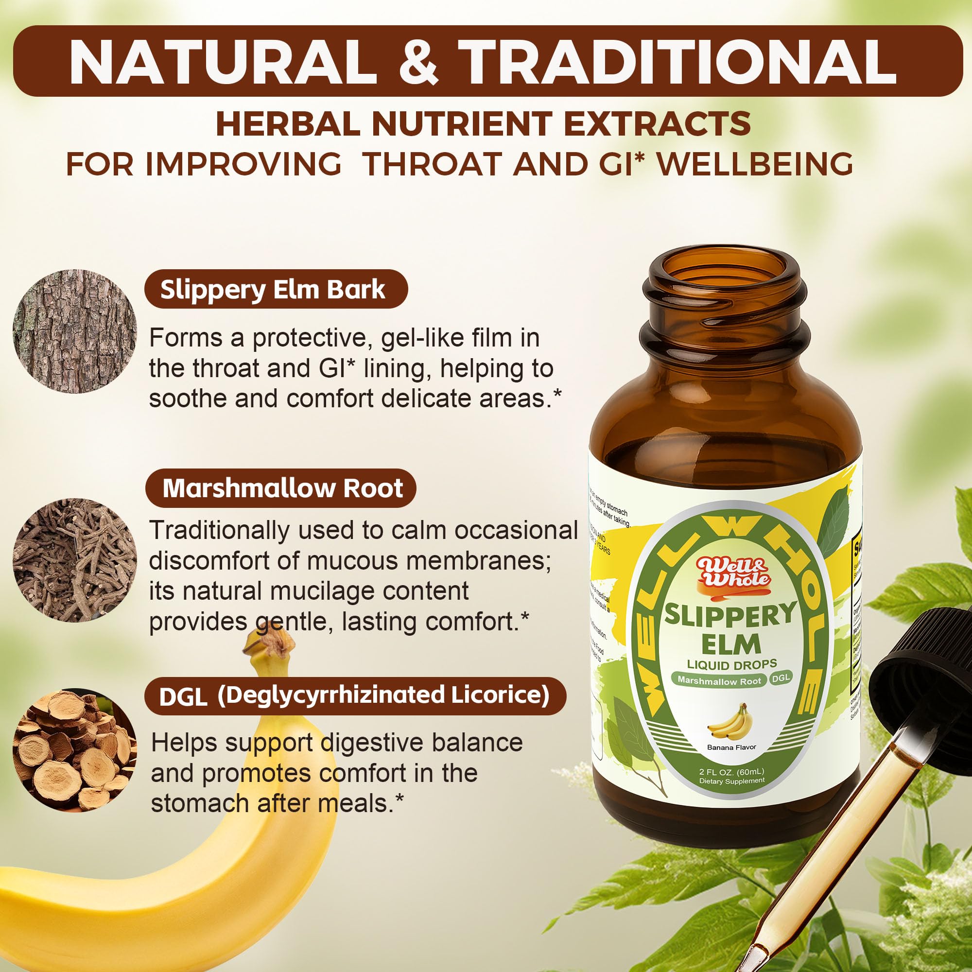 Well&Whole comparación de tamaño 60 mL junto a objetos cotidianos, práctico y portátil