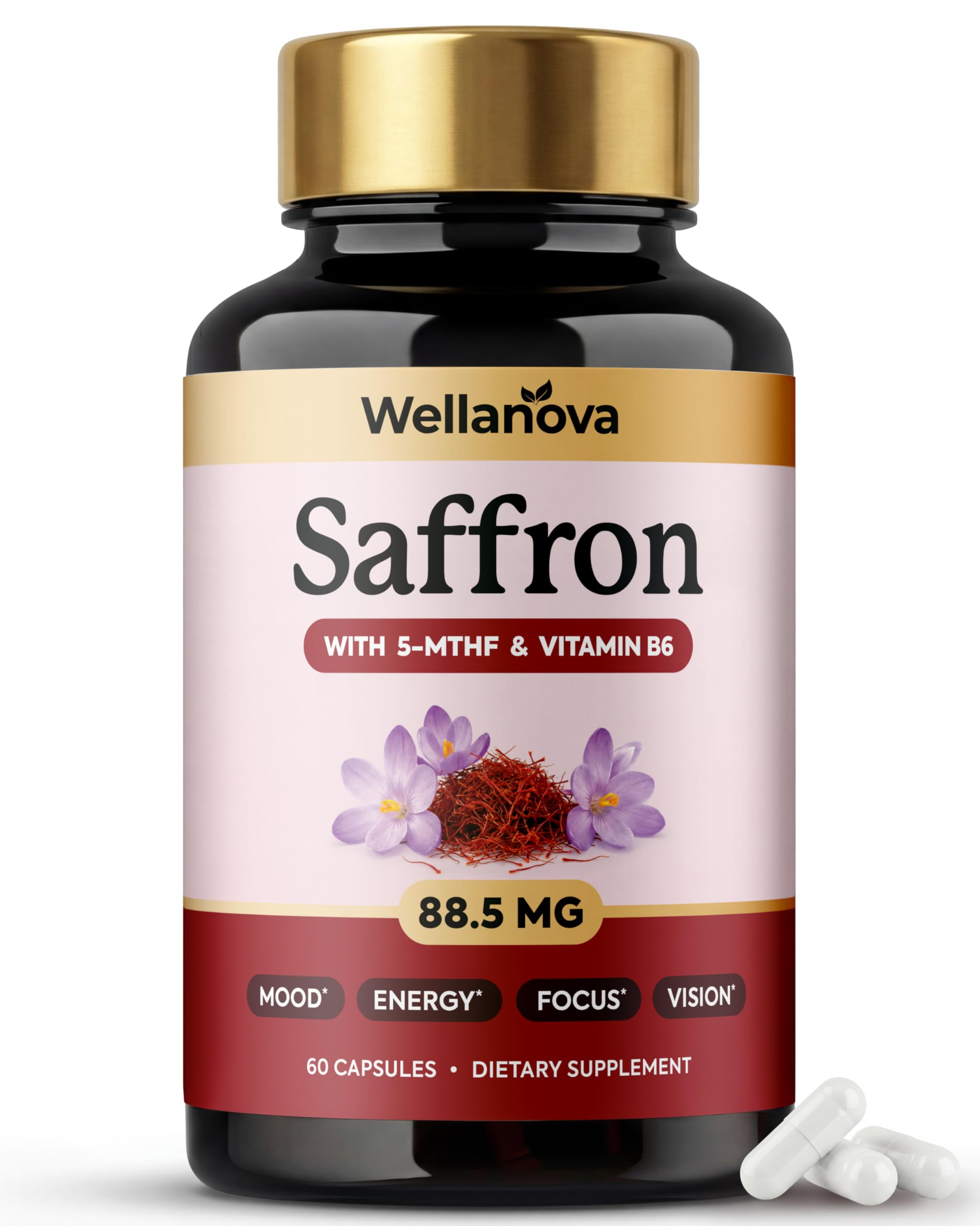 Wellanova azafrán vista frontal con frasco, aporta dosis transparente