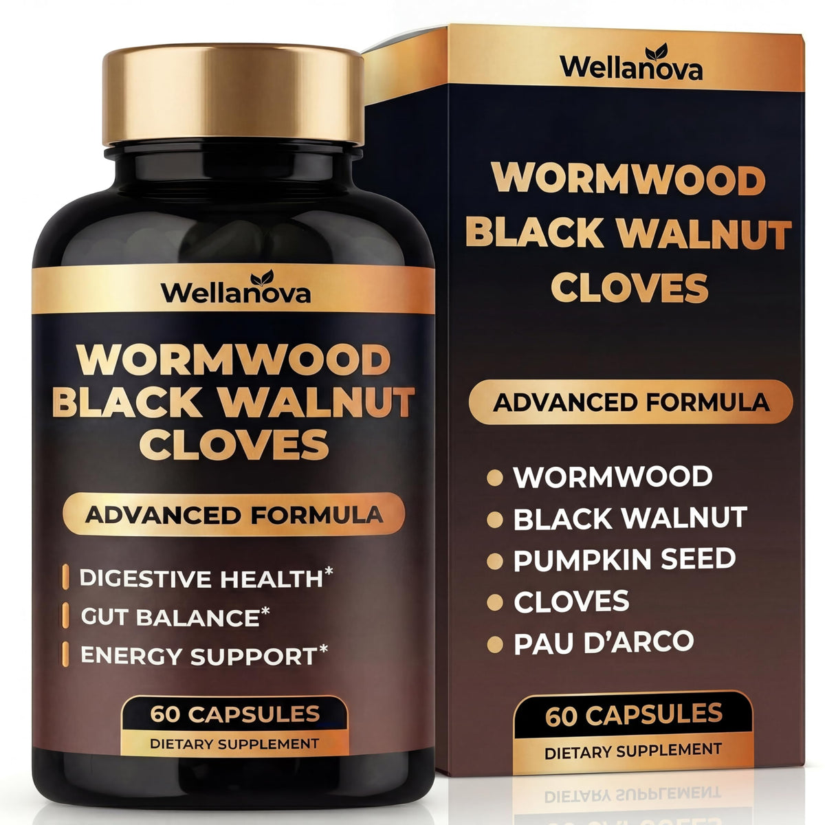 Wellanova frasco frontal mostrando etiqueta clara y beneficio digestivo