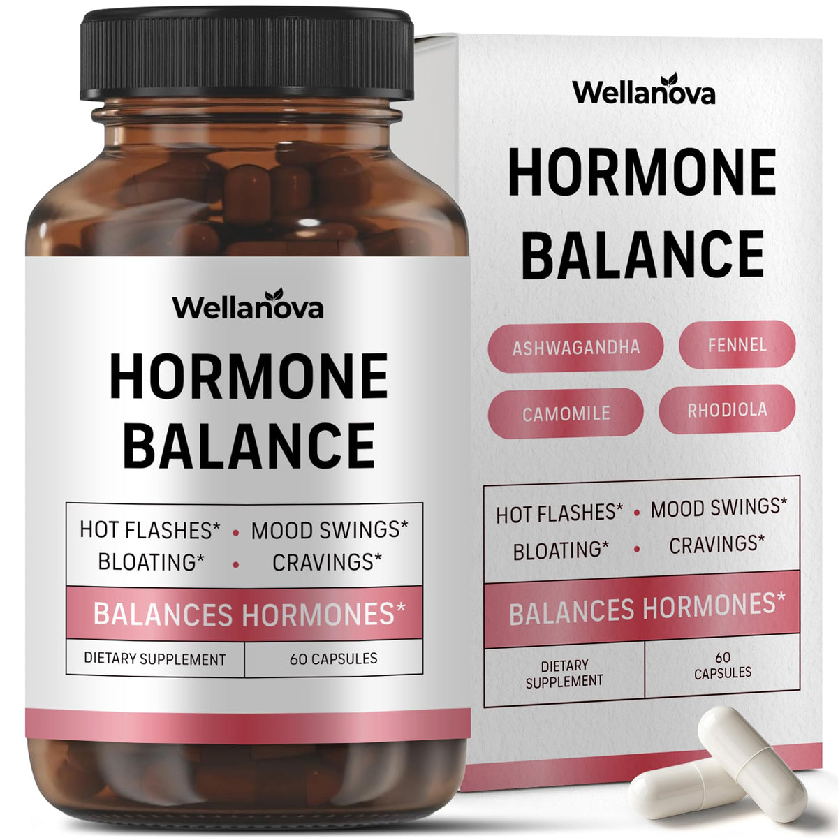Wellanova Hormone Harmony botella frontal mostrando diseño y beneficios