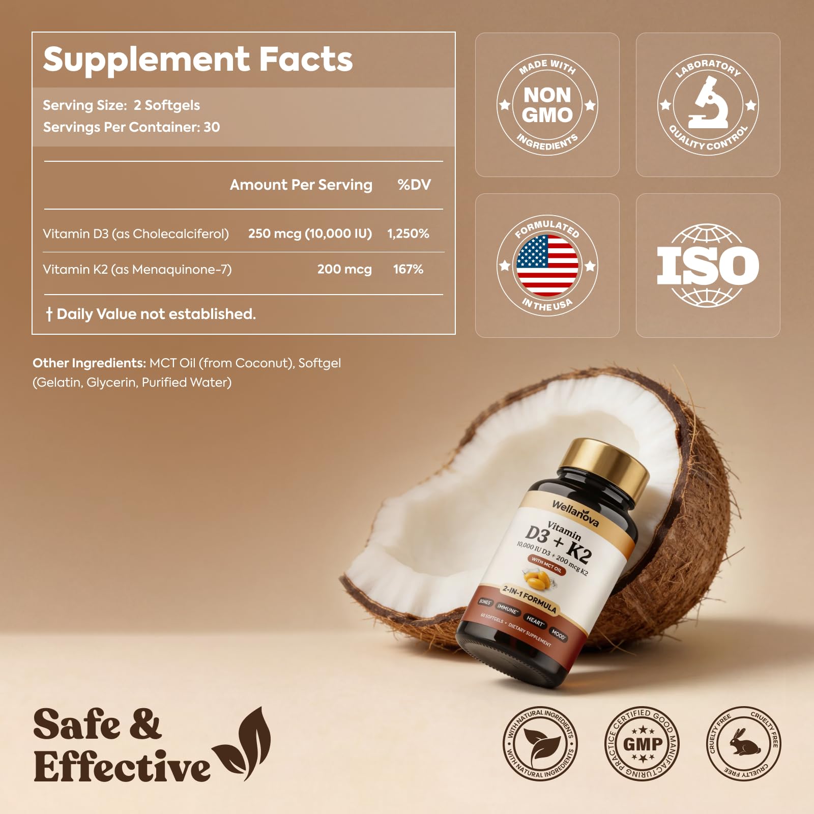 Wellanova caja abierta con softgels visibles, beneficio de presentación de 60 unidades
