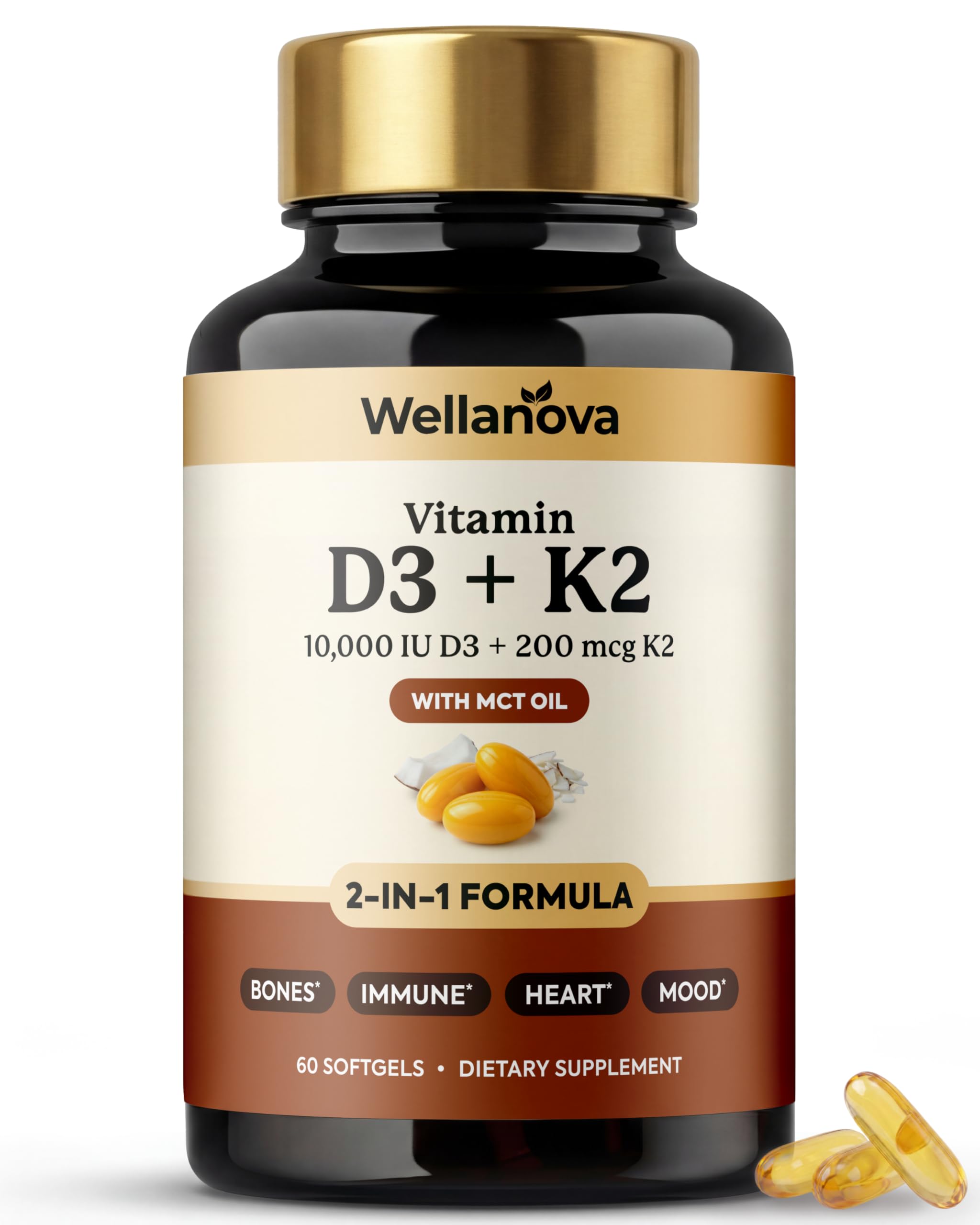 Wellanova envase frontal mostrando D3 K2 10,000 IU y beneficio de dosis concentrada