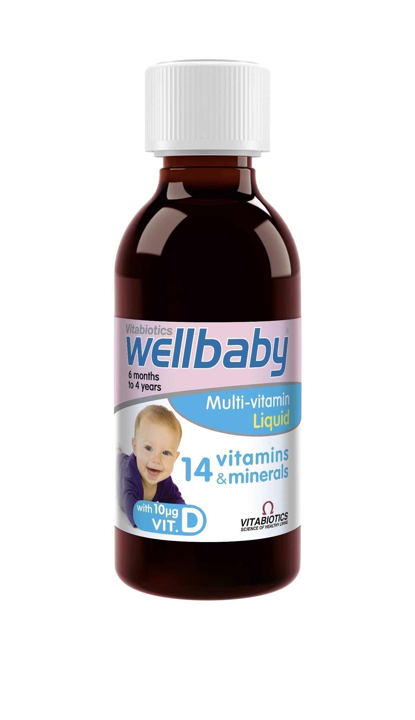 WELLBABY frasco junto a una cuchara para comparar tamaño y calcular la dosis