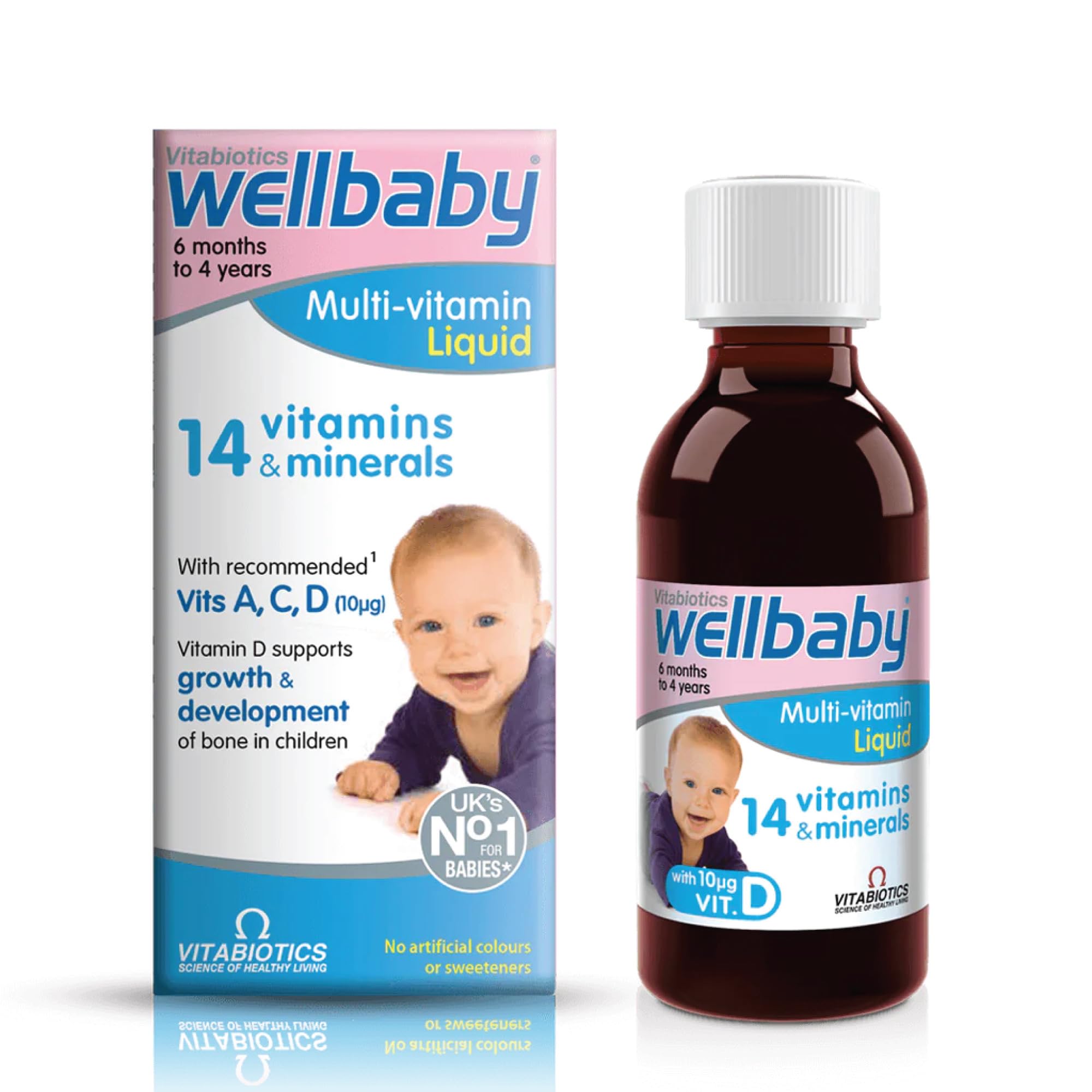 WELLBABY frasco delantero mostrando etiqueta clara y beneficios visibles