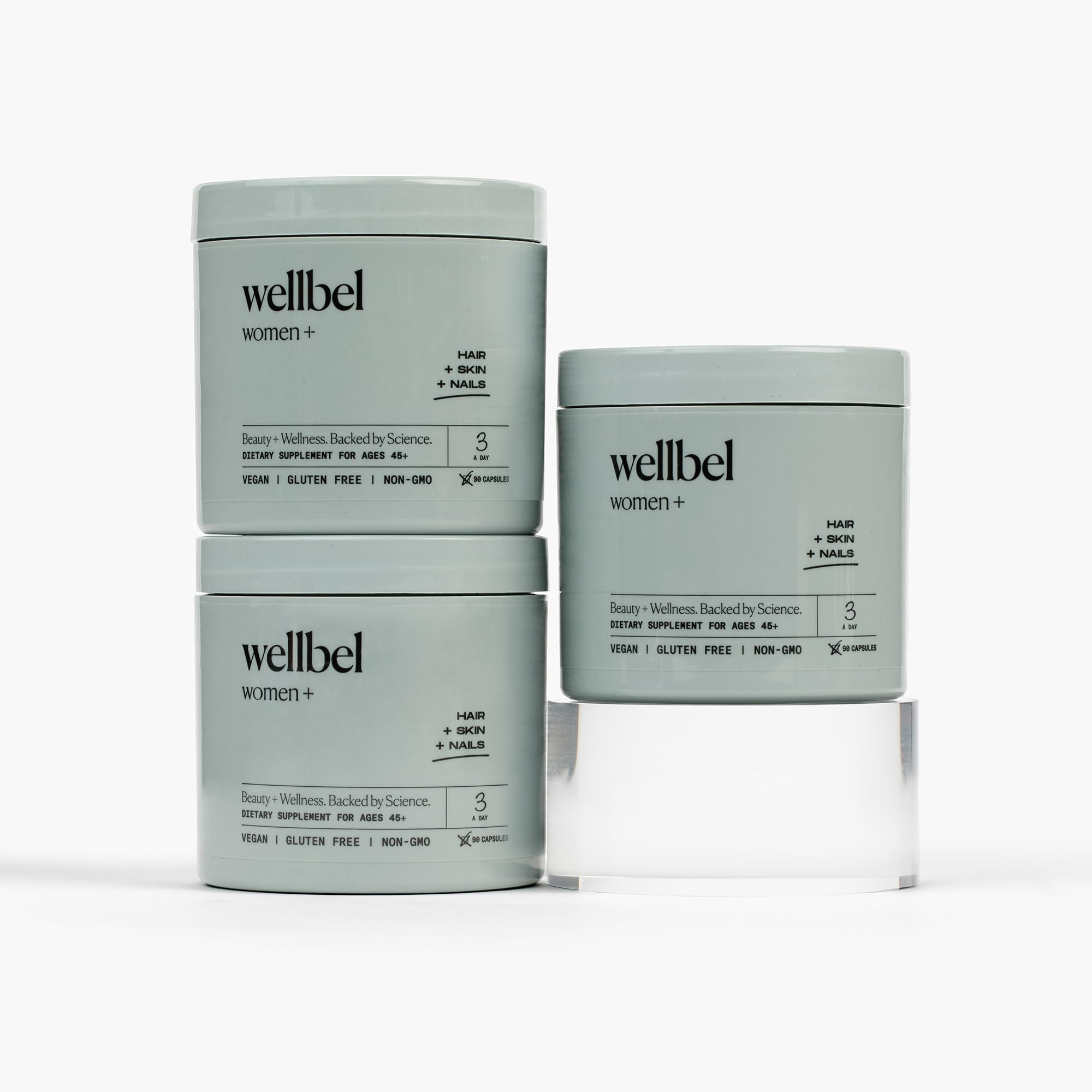 WELLBEL frascos frontales 3 pack mostrando suministro prolongado