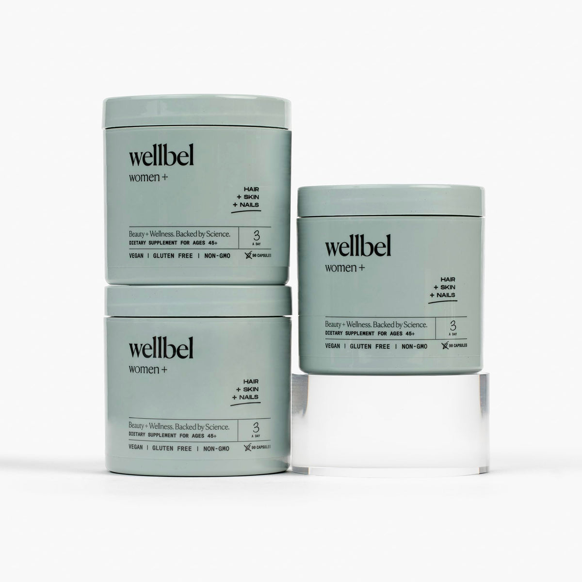 WELLBEL frascos frontales 3 pack mostrando suministro prolongado