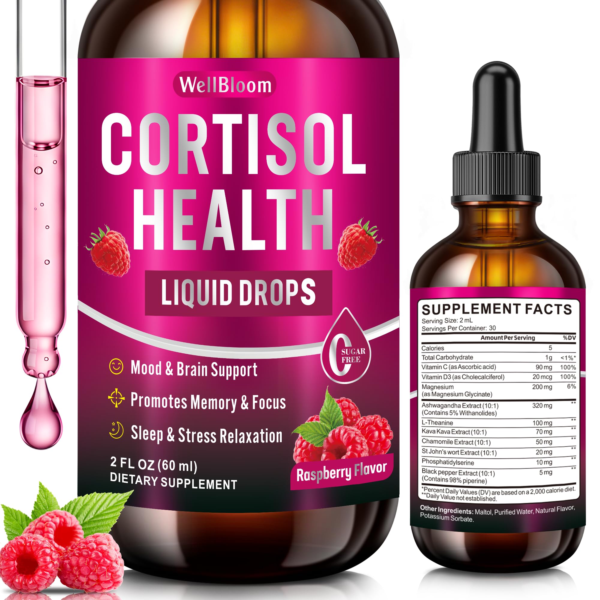 WellBloom envase frontal del Cortisol Reducer mostrando diseño y tamaño