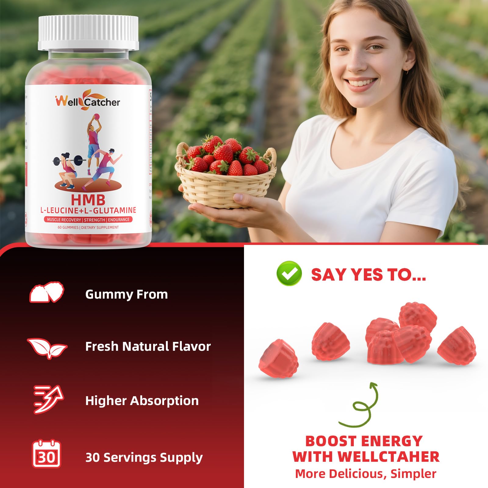 Wellcatcher gomitas en bol junto a fresas, resaltando sabor natural