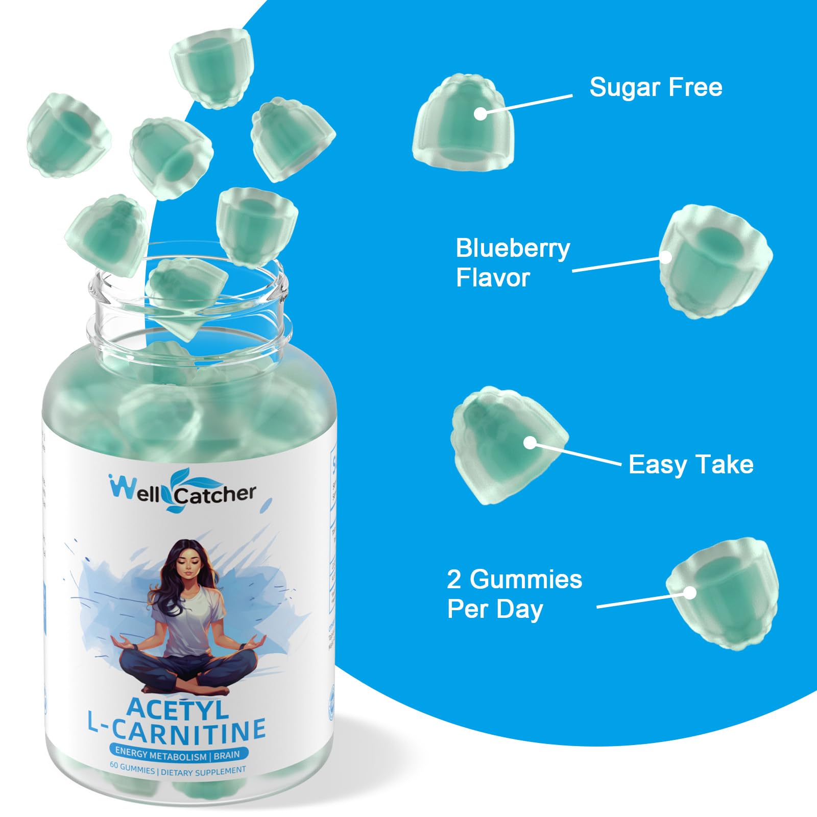 Wellcatcher gomitas junto a arándanos que sugieren sabor natural