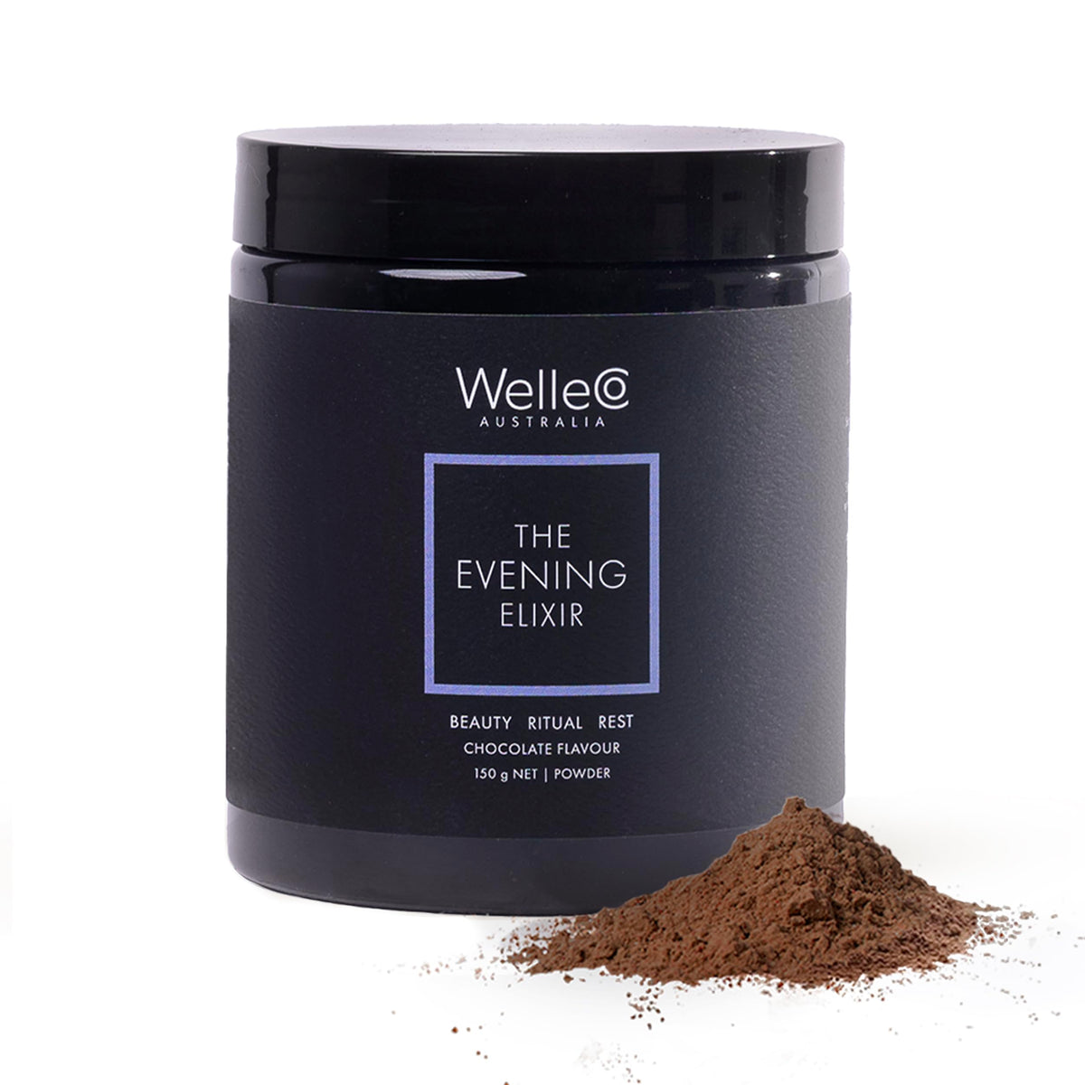 WelleCo tarro frontal del Evening Elixir mostrando el diseño y beneficio relajante
