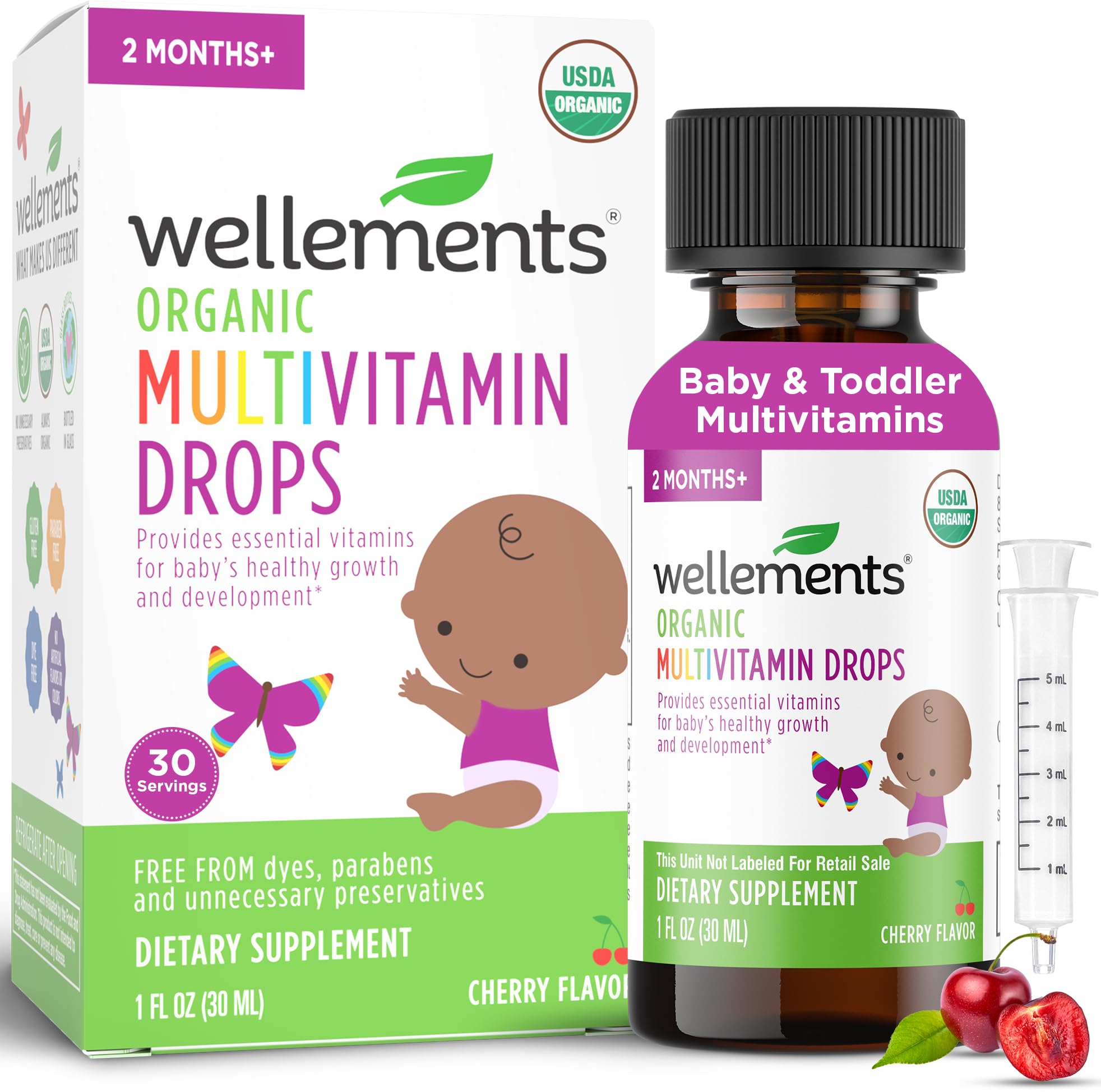 Wellements frasco frontal de multivitaminas orgánicas para bebé, fácil identificación