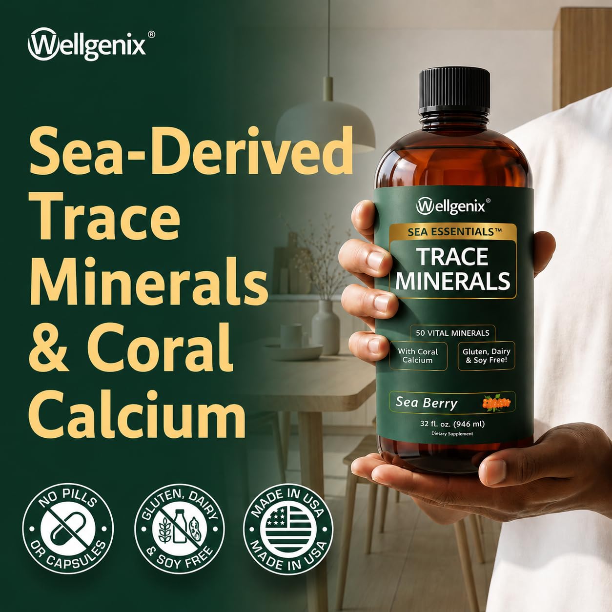 Wellgenix algas y coral ilustrando origen marino y perfil mineral completo