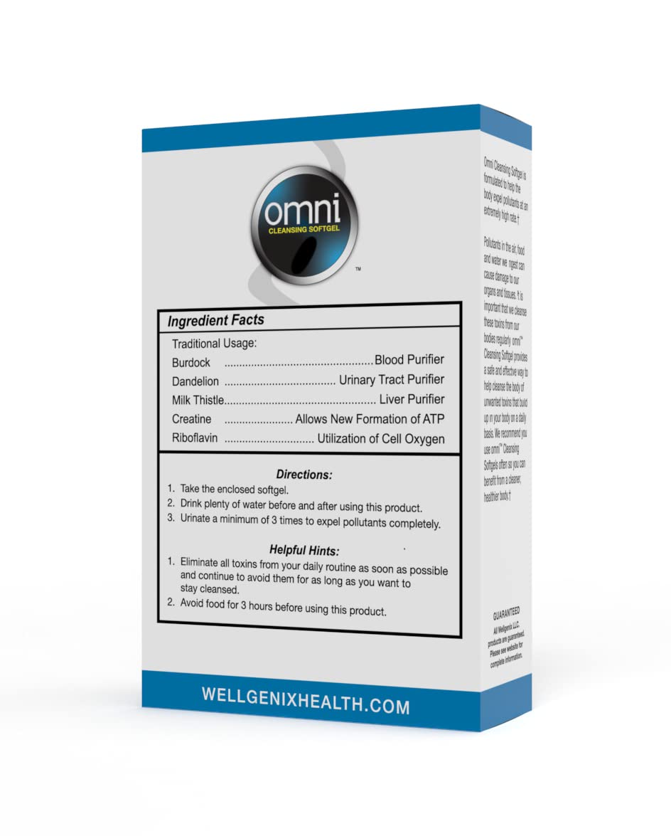 Wellgenix Omni Softgel empaque lateral exhibiendo ingredientes y dosis