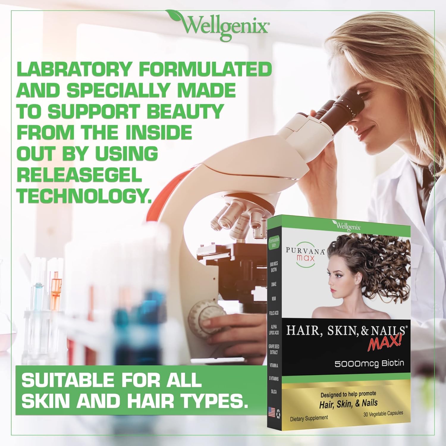 Wellgenix Purvana MAX en ambiente de cuidado personal sugiriendo belleza integral