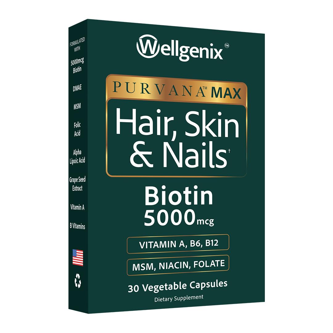 Wellgenix Purvana MAX frontal del empaque mostrando información clara y beneficio estético