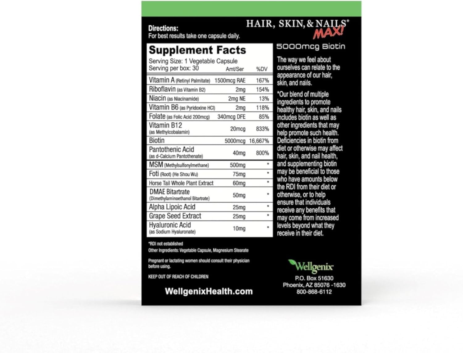 Wellgenix Purvana MAX ingredientes en detalle mostrando biotina y MSM beneficios