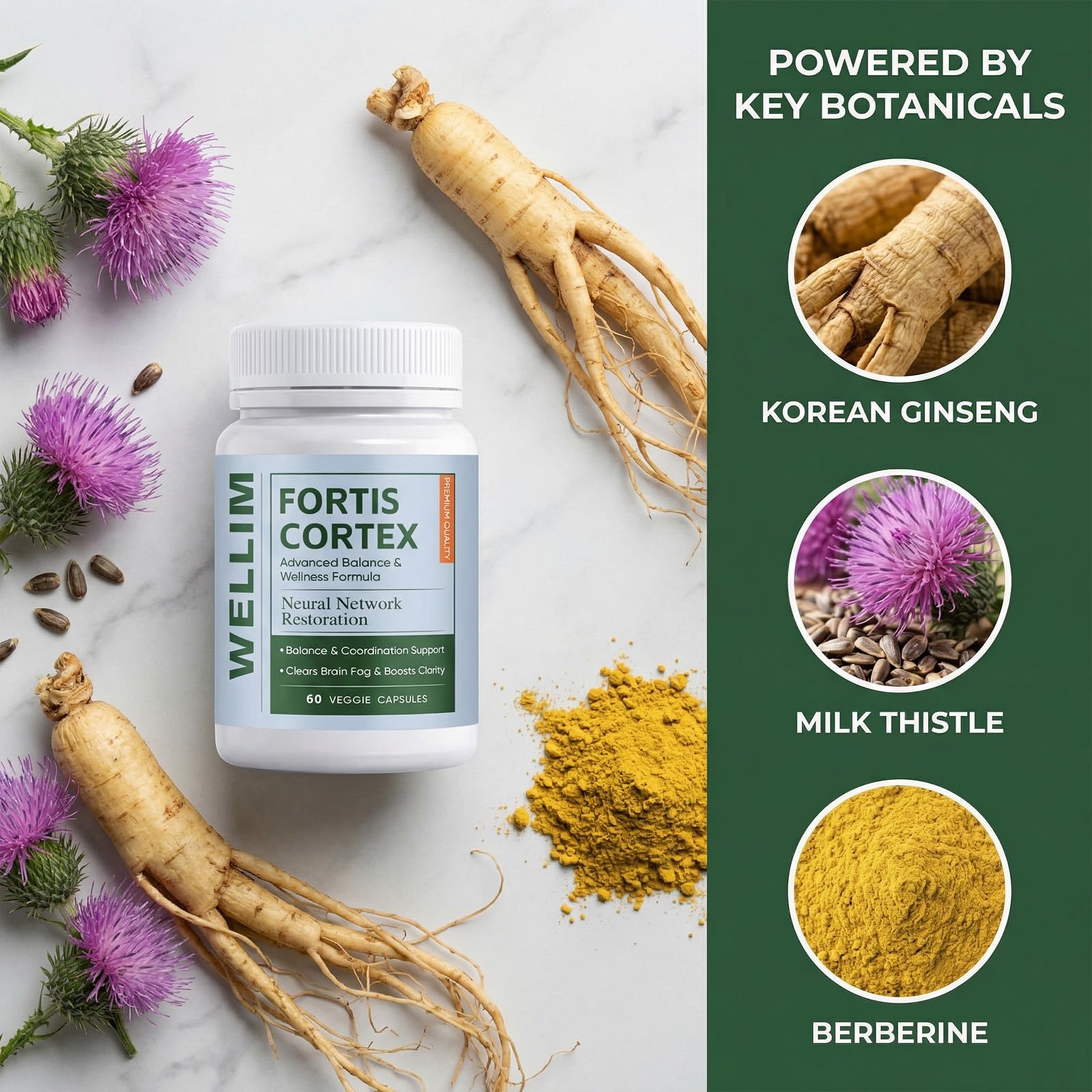 WELLIM FortisCortex ingredientes naturales como cardo mariano y ginseng en composición