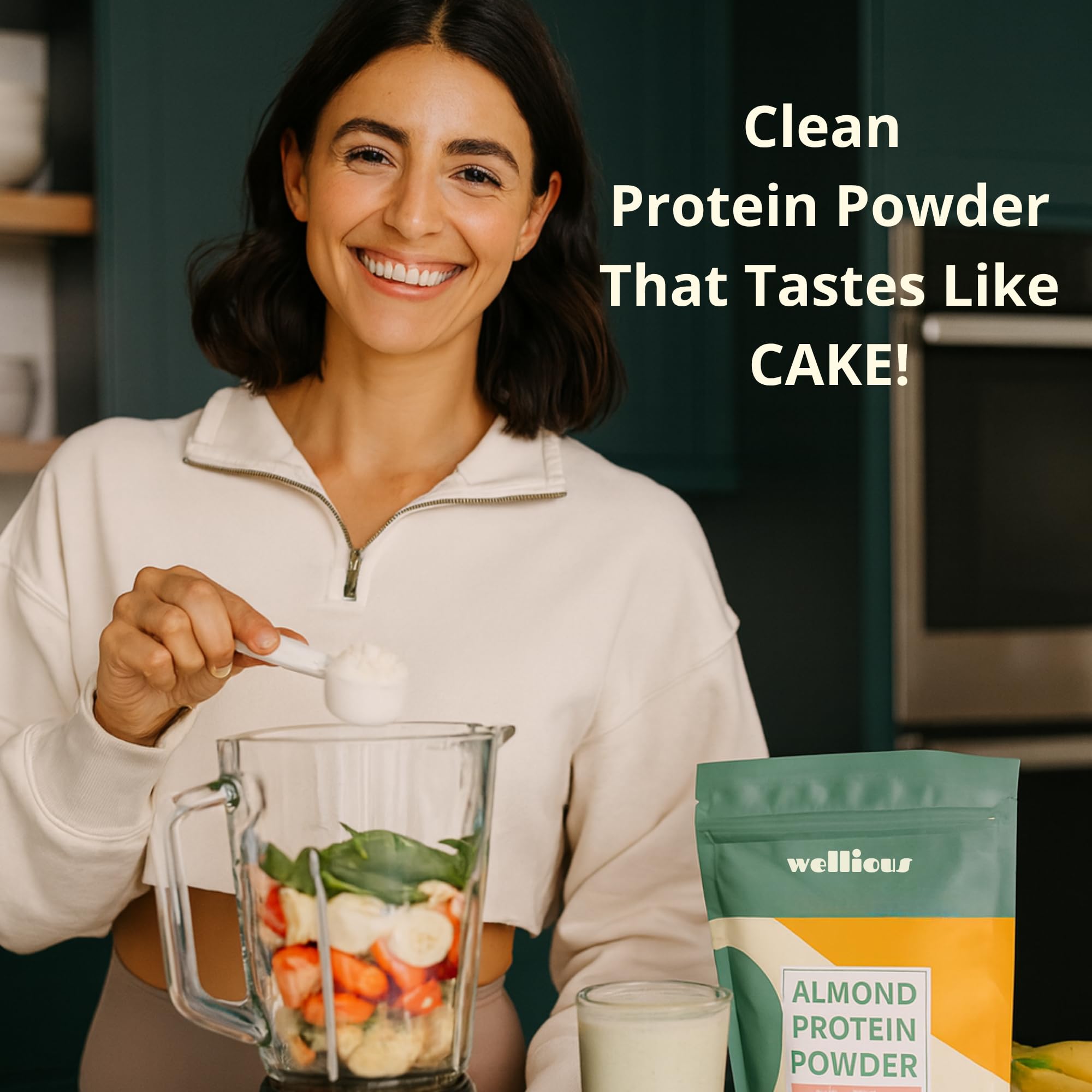 wellious cucharada con 18 g de proteína por porción para control de porciones