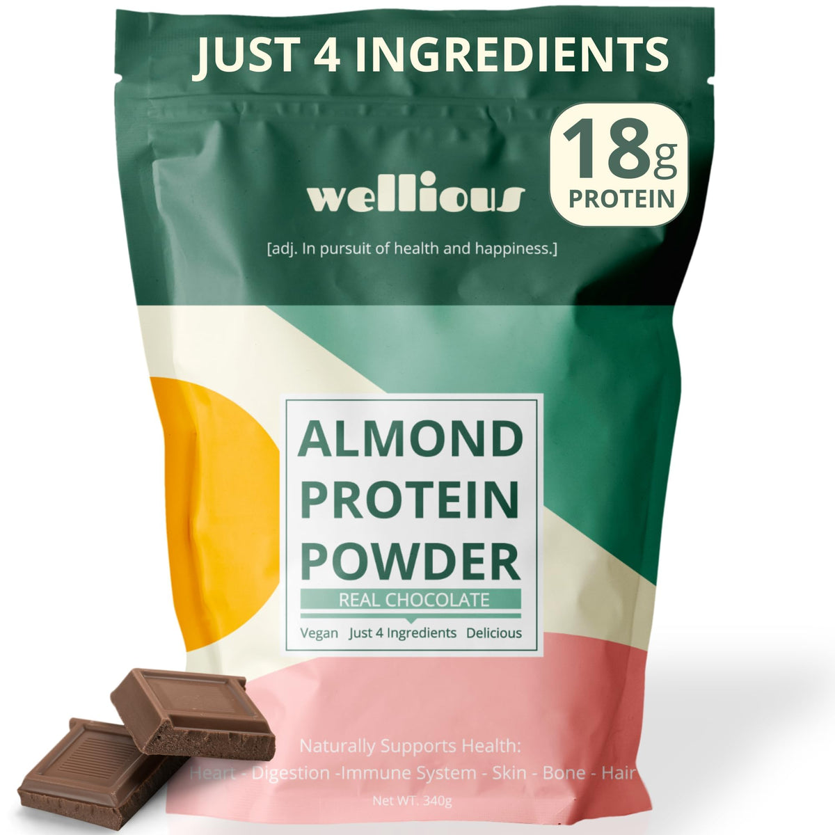 wellious envase frontal chocolate mostrando marca y beneficio proteína limpia