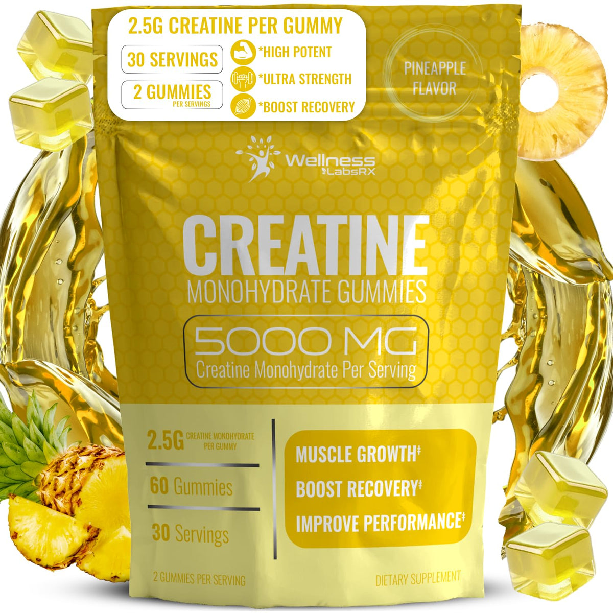 WELLNESS LABSRX frasco frontal que muestra créatine gummies y ventaja de dosificación