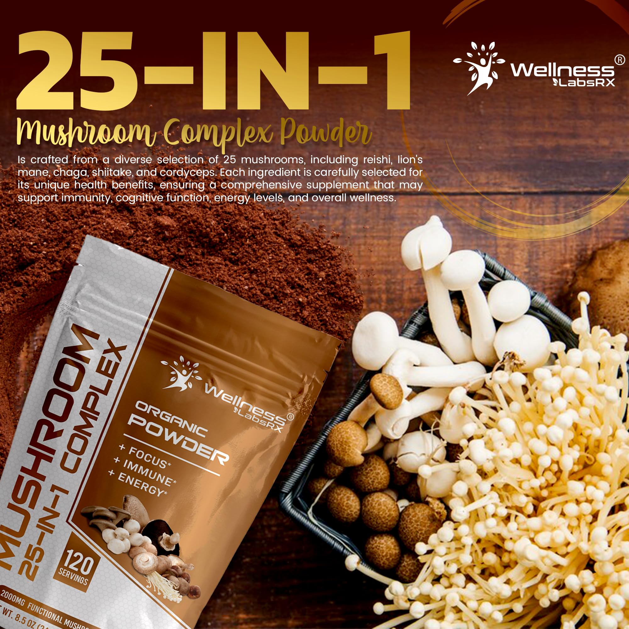WELLNESS LABSRX etiqueta con lista de 25 hongos y detalles nutricionales