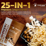 WELLNESS LABSRX etiqueta con lista de 25 hongos y detalles nutricionales