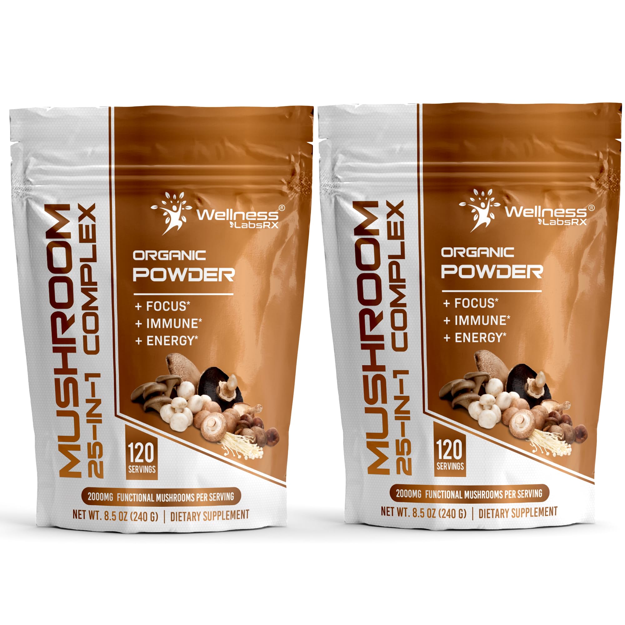WELLNESS LABSRX envase frontal mostrando variedad de hongos y beneficios