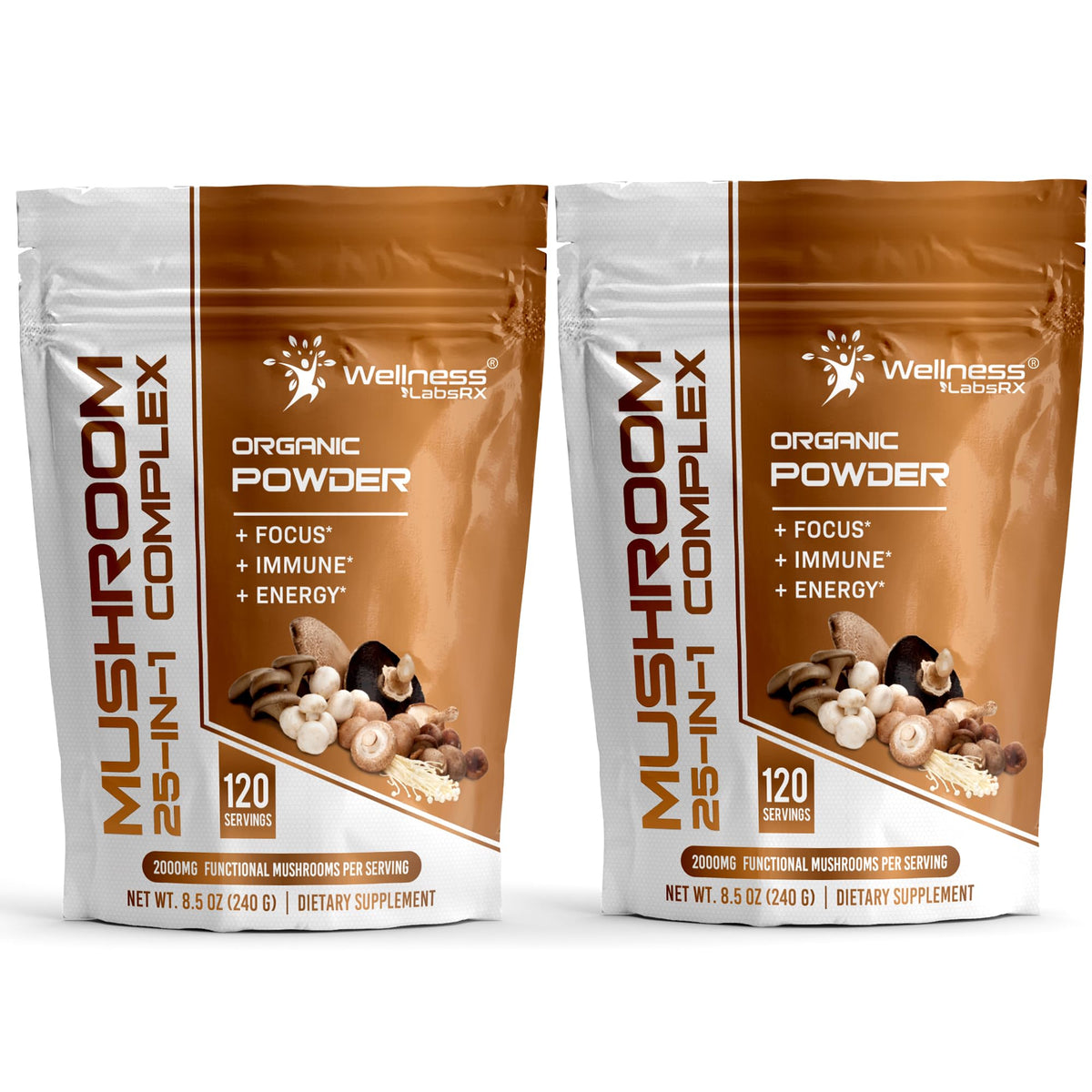 WELLNESS LABSRX envase frontal mostrando variedad de hongos y beneficios