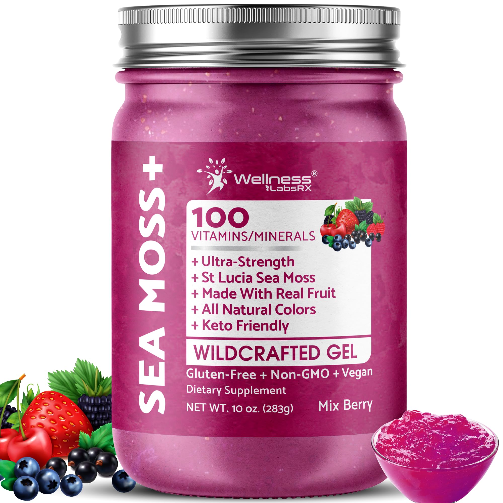 WELLNESS LABSRX frasco frontal del gel seamoss mostrando etiqueta y tamaño práctico