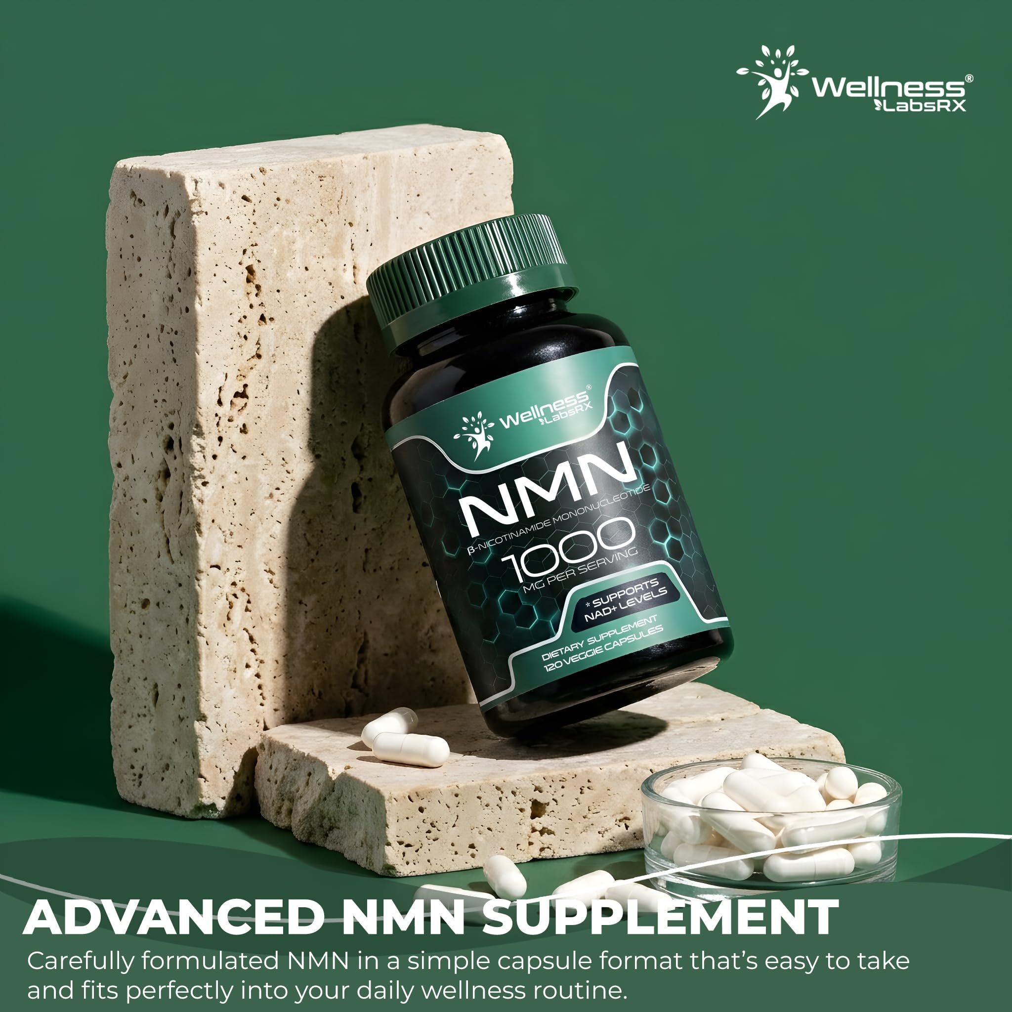 WELLNESS LABSRX polvo de NMN en primer plano indicando alta pureza