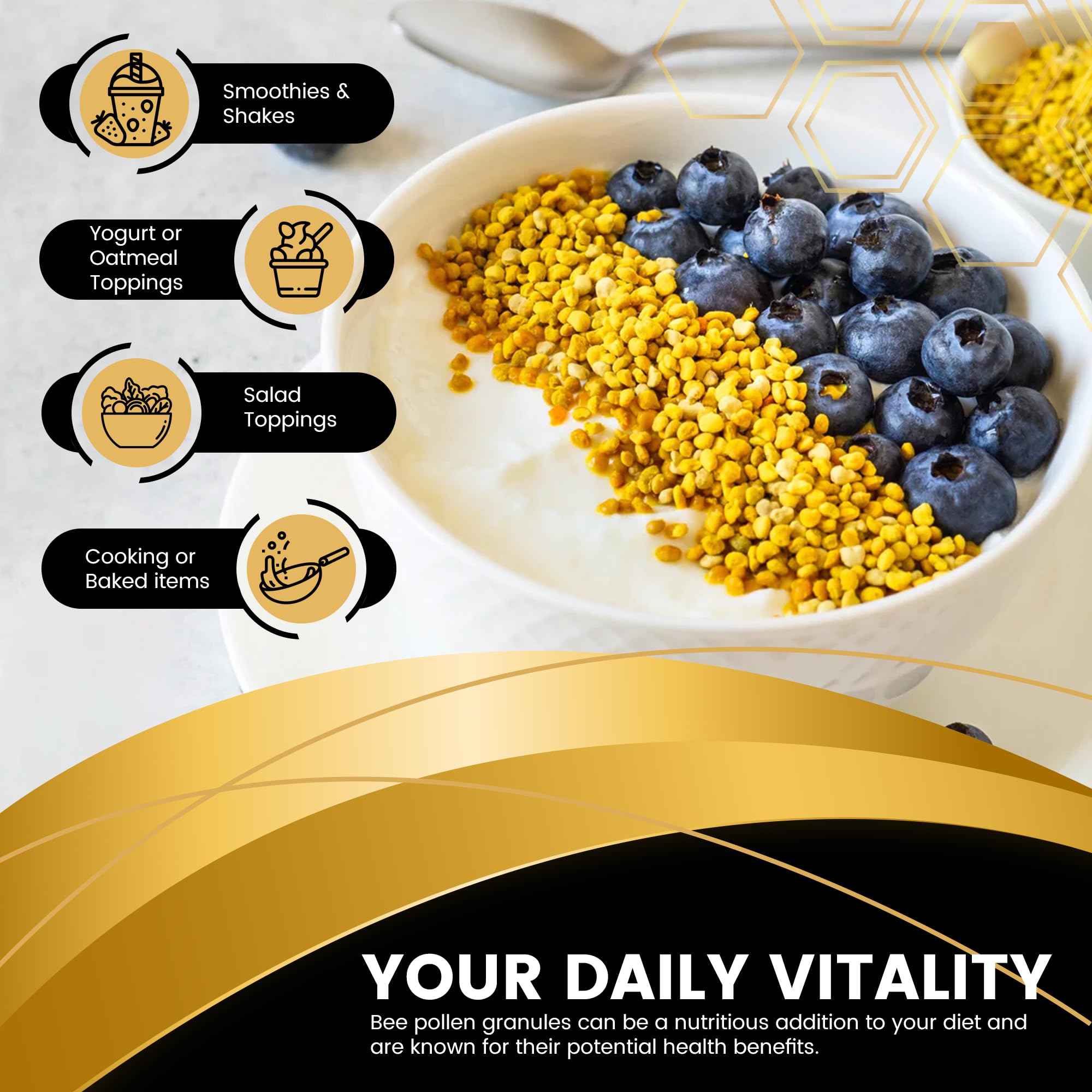 WELLNESS LABSRX polen espolvoreado sobre yogur para añadir proteínas
