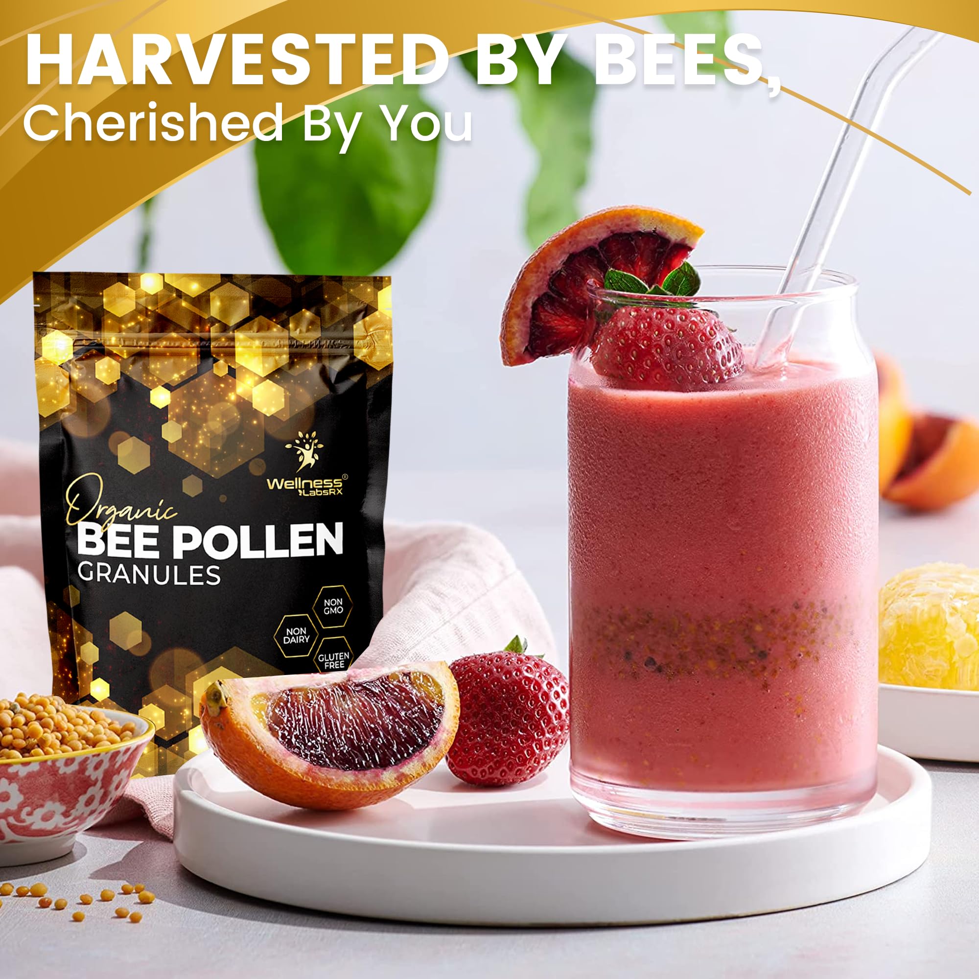 WELLNESS LABSRX escena de desayuno con polen integrándolo en rutina diaria saludable