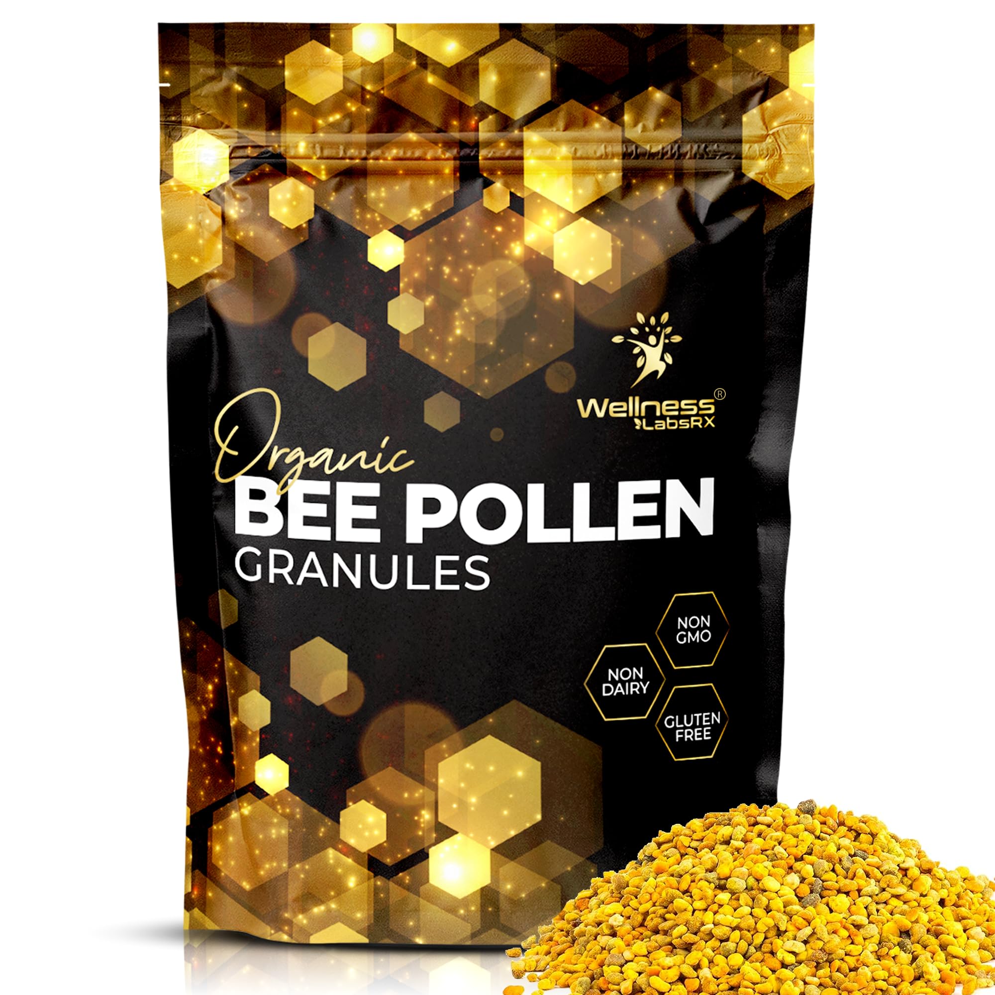 WELLNESS LABSRX envase frontal mostrando polen en gránulos y beneficios nutricionales